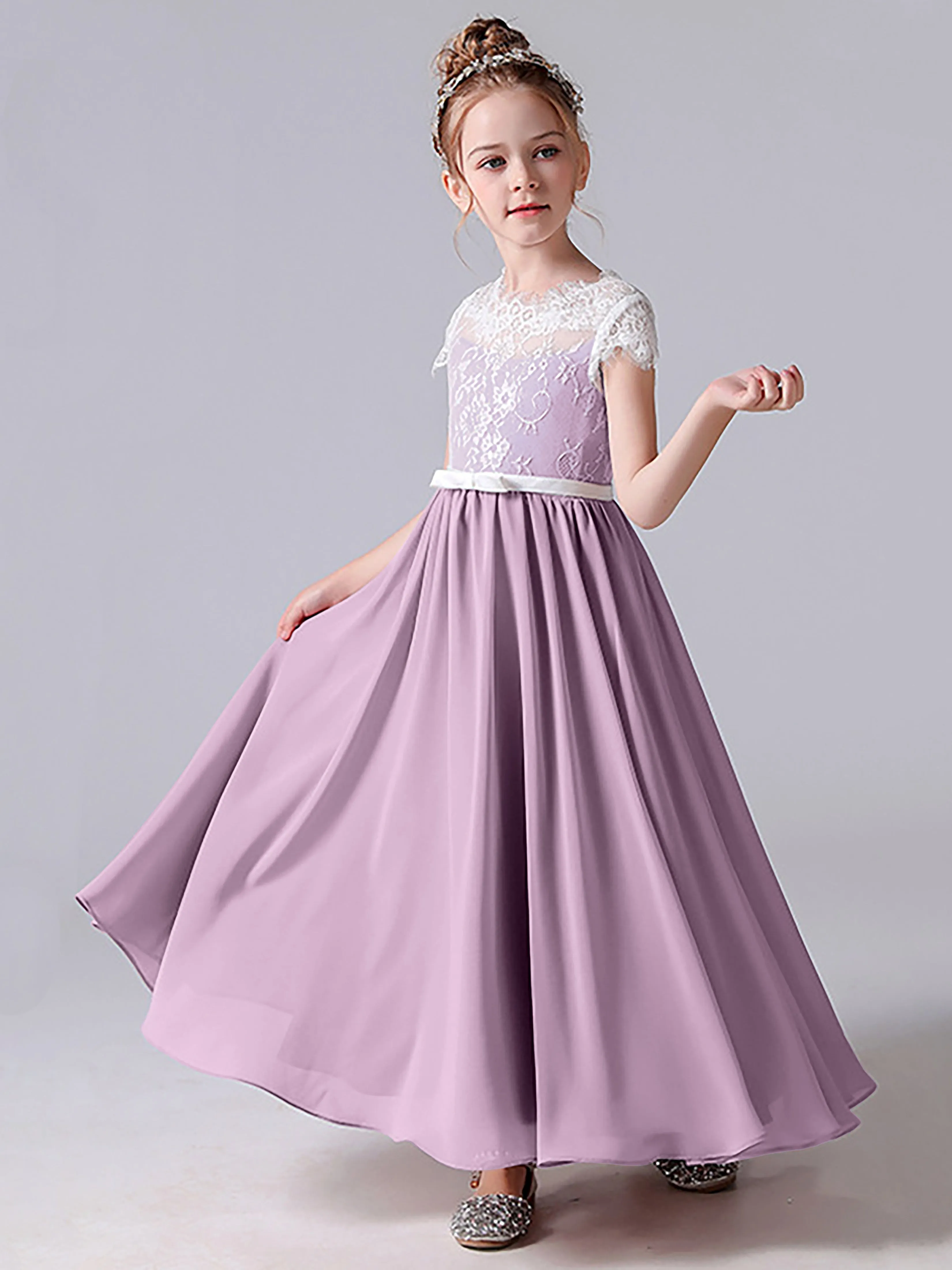 Lace Scoop Junior Bridesmaid Dress with Sleeves