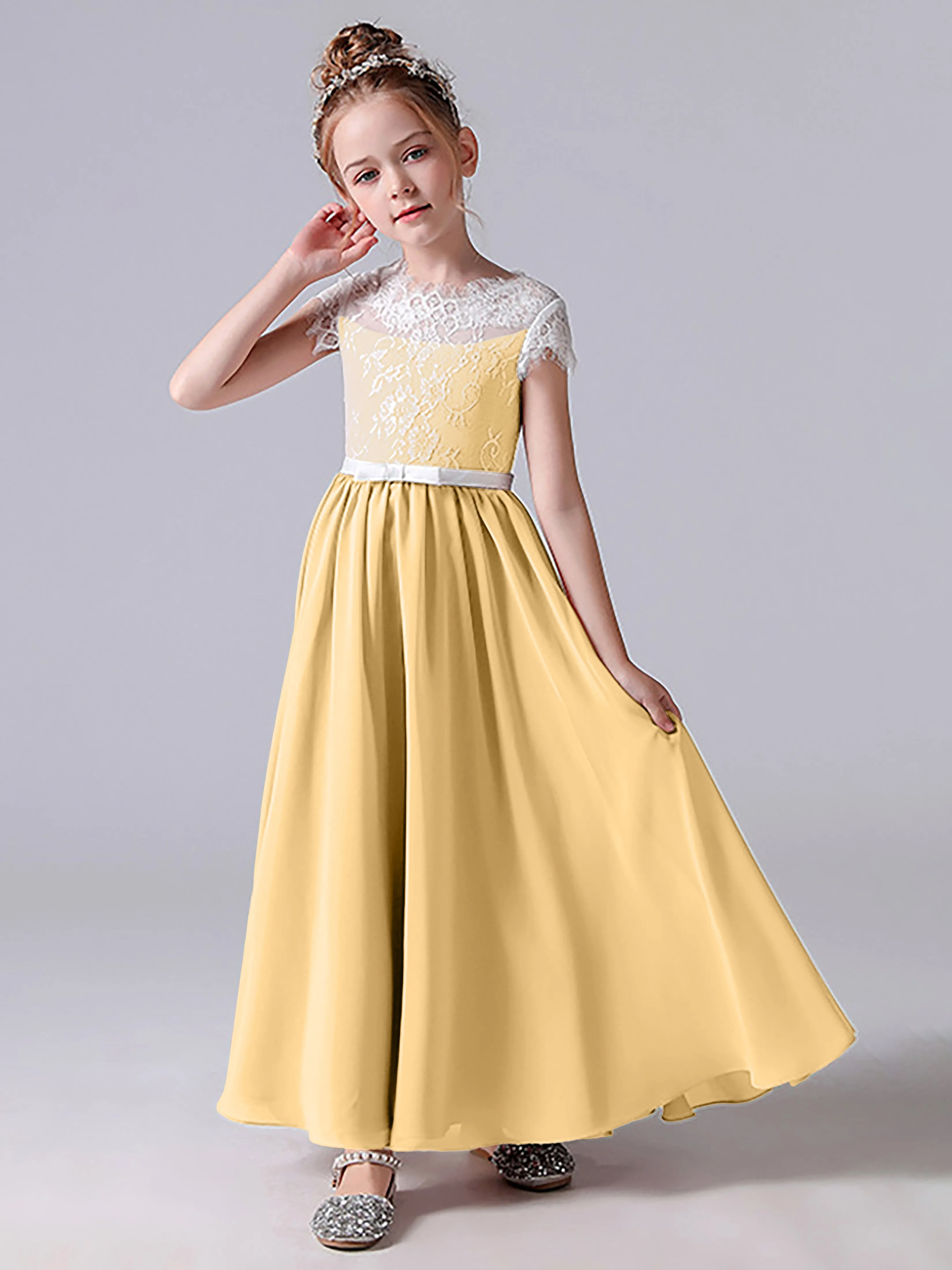 Lace Scoop Junior Bridesmaid Dress with Sleeves