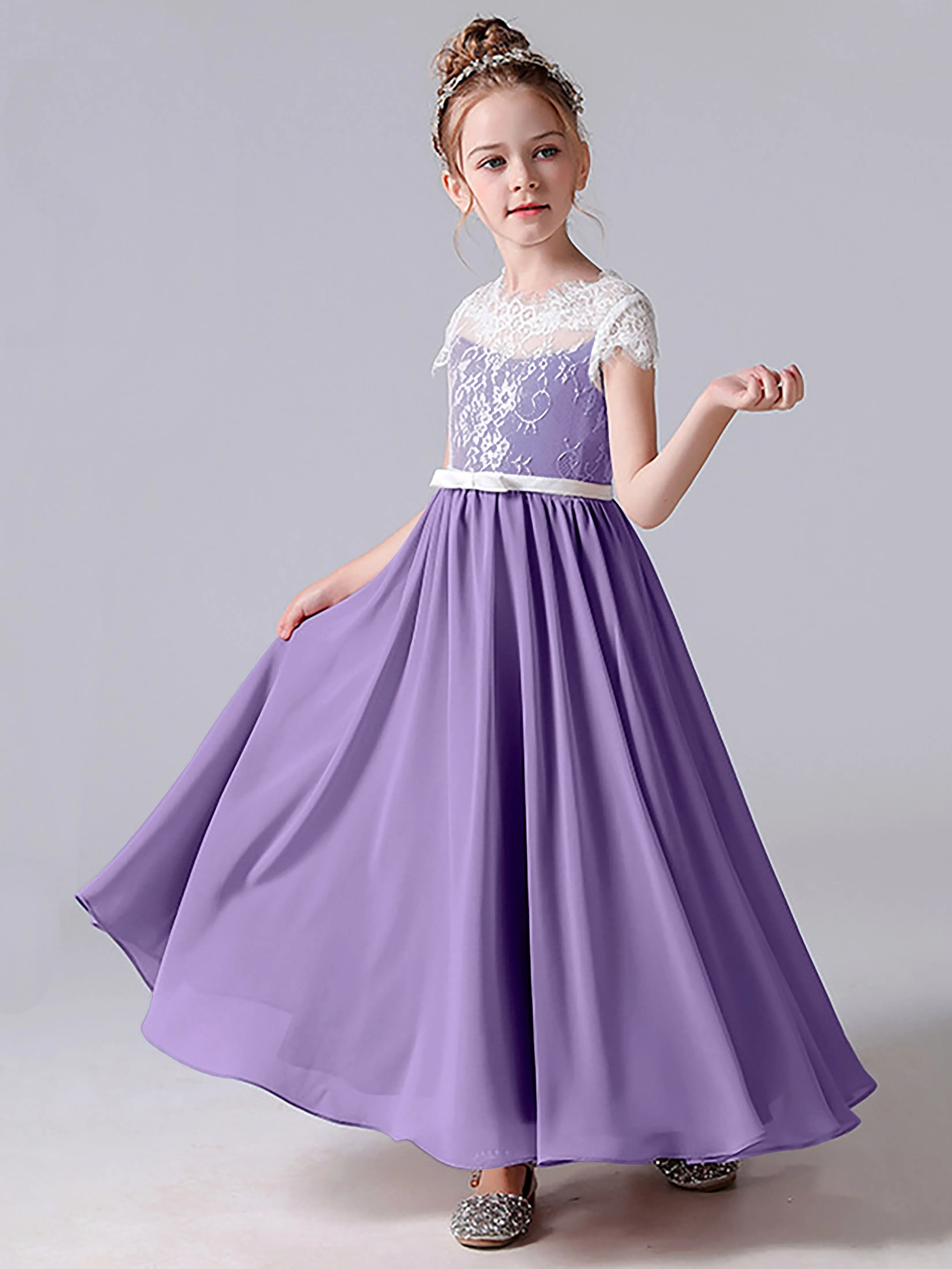 Lace Scoop Junior Bridesmaid Dress with Sleeves