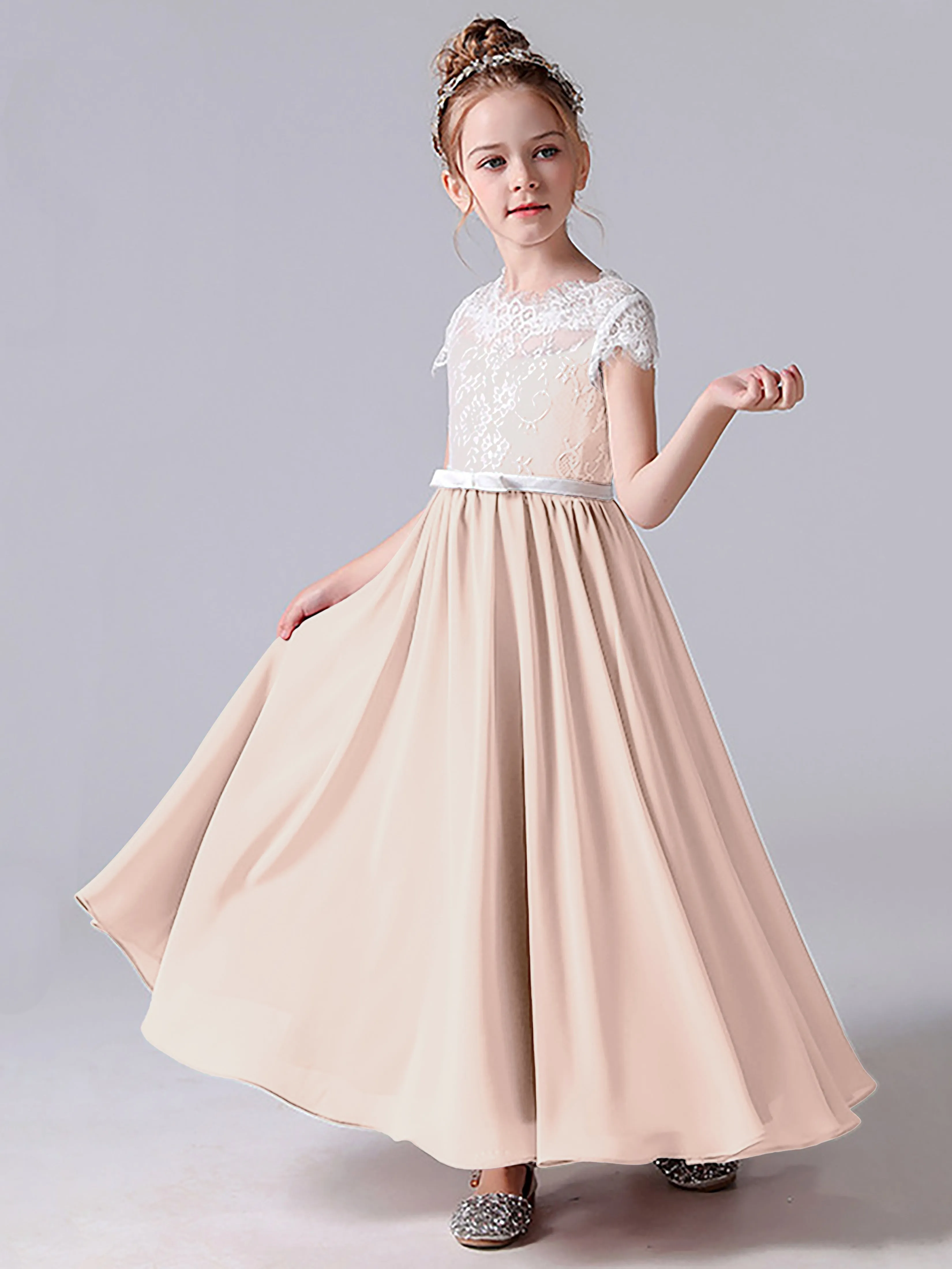 Lace Scoop Junior Bridesmaid Dress with Sleeves