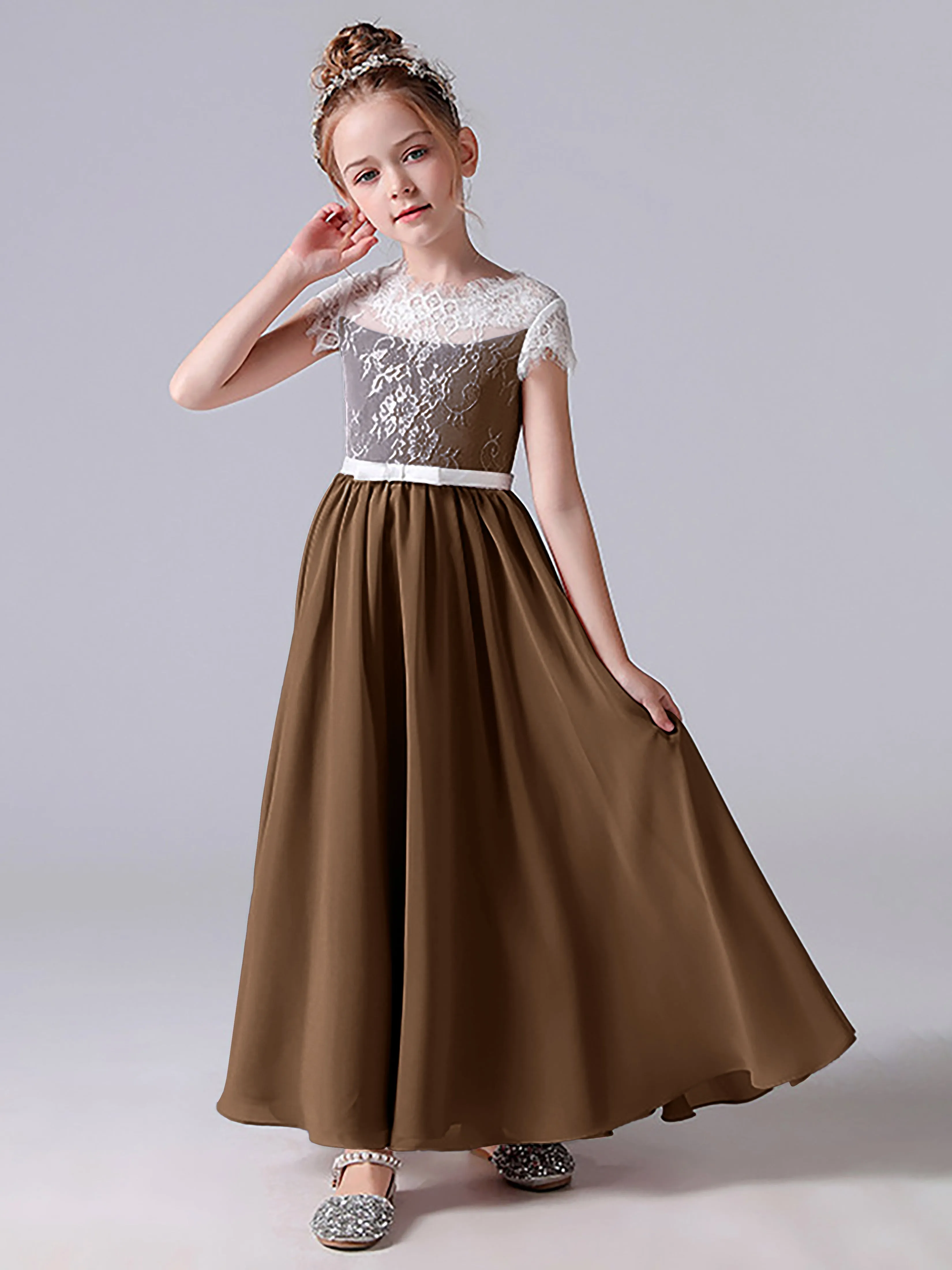 Lace Scoop Junior Bridesmaid Dress with Sleeves