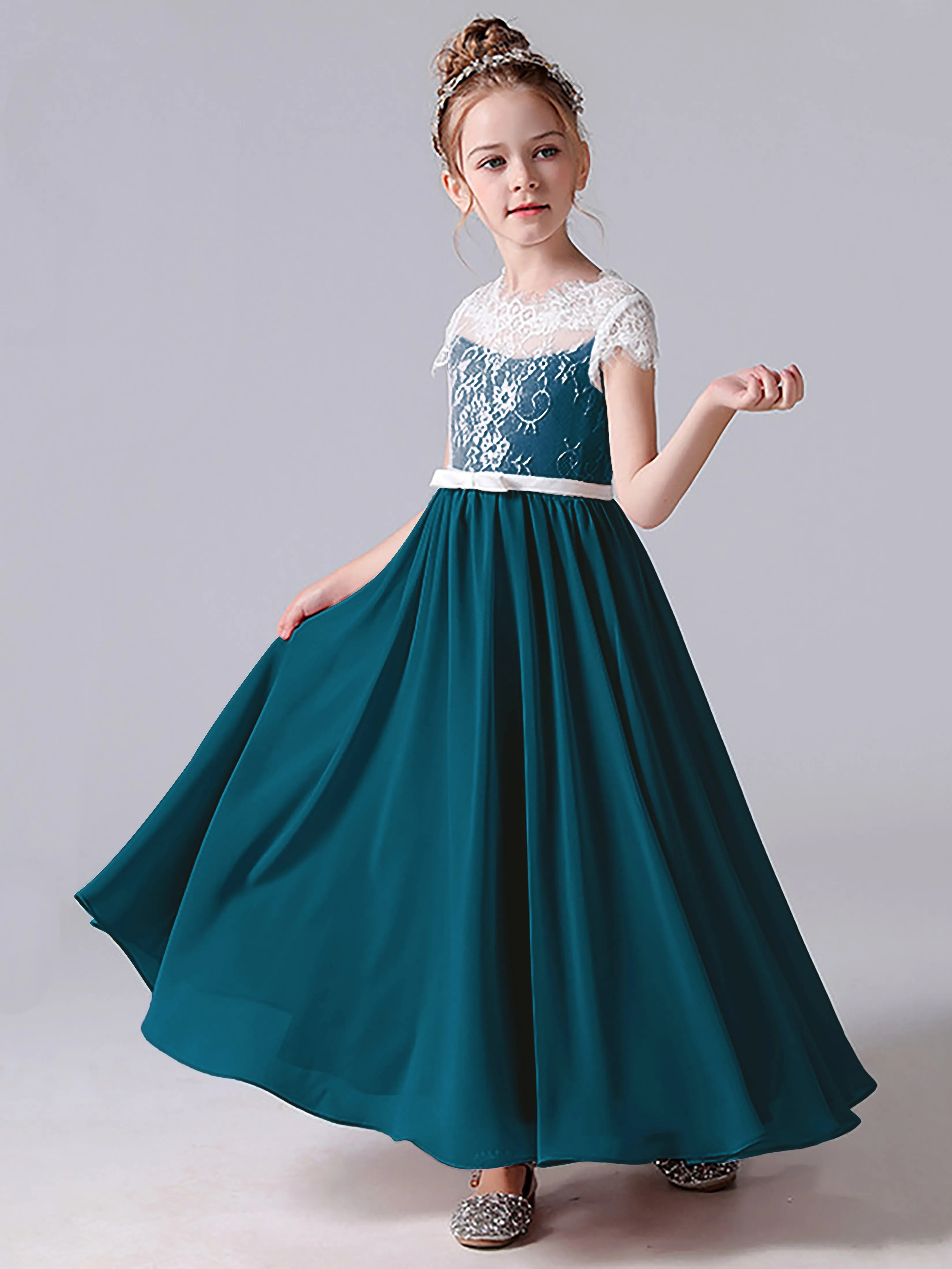 Lace Scoop Junior Bridesmaid Dress with Sleeves