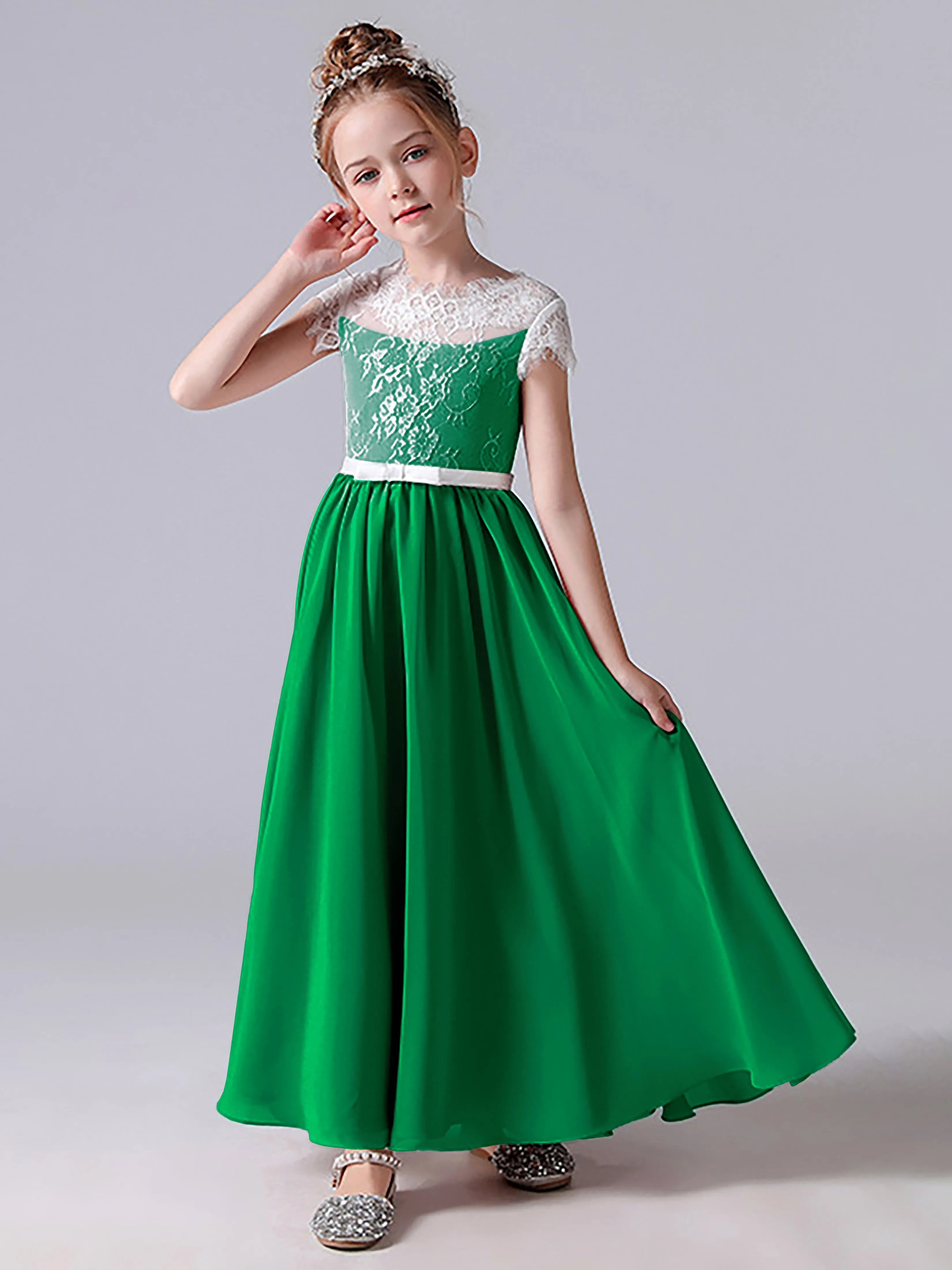 Lace Scoop Junior Bridesmaid Dress with Sleeves