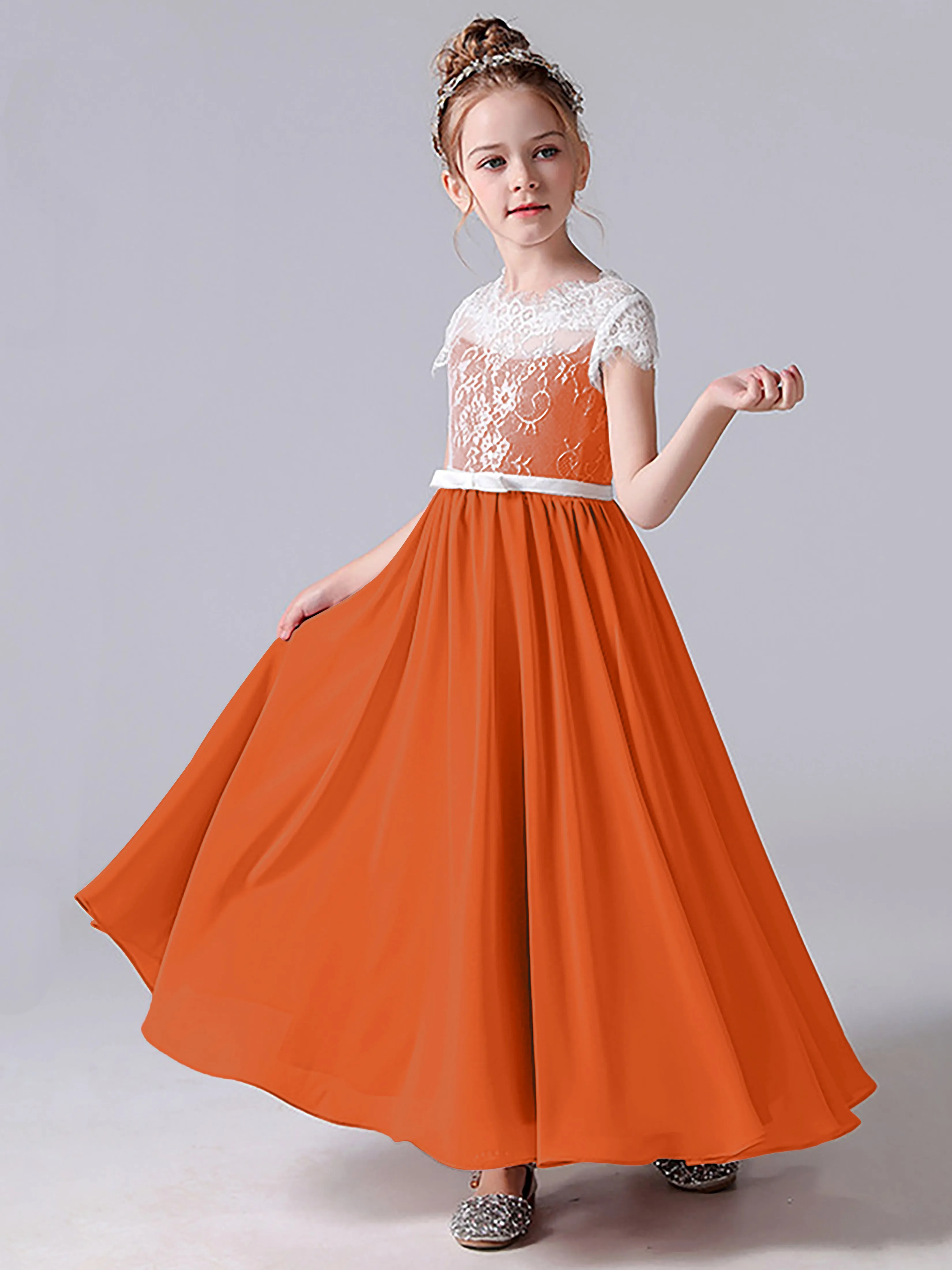 Lace Scoop Junior Bridesmaid Dress with Sleeves