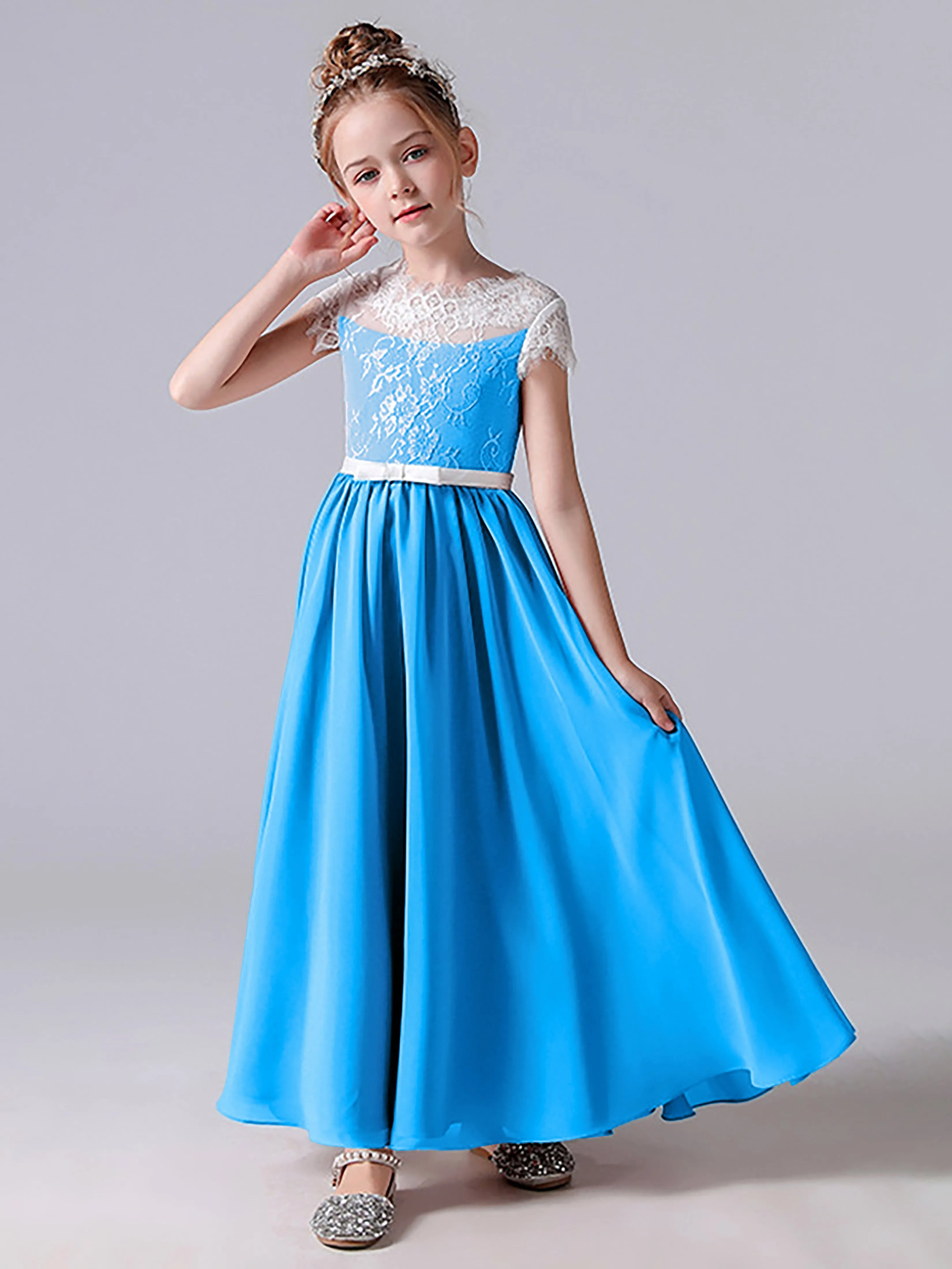 Lace Scoop Junior Bridesmaid Dress with Sleeves