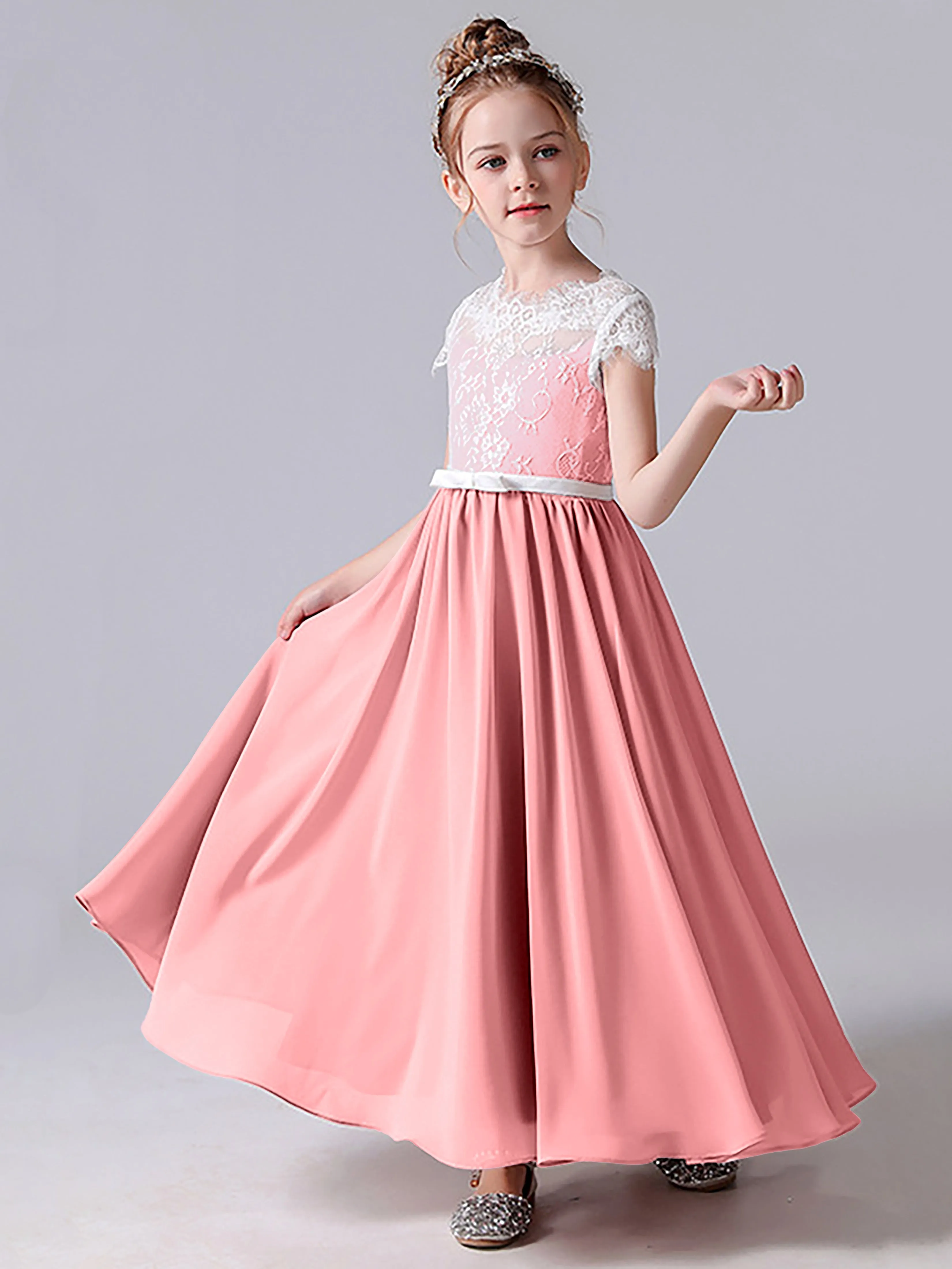 Lace Scoop Junior Bridesmaid Dress with Sleeves