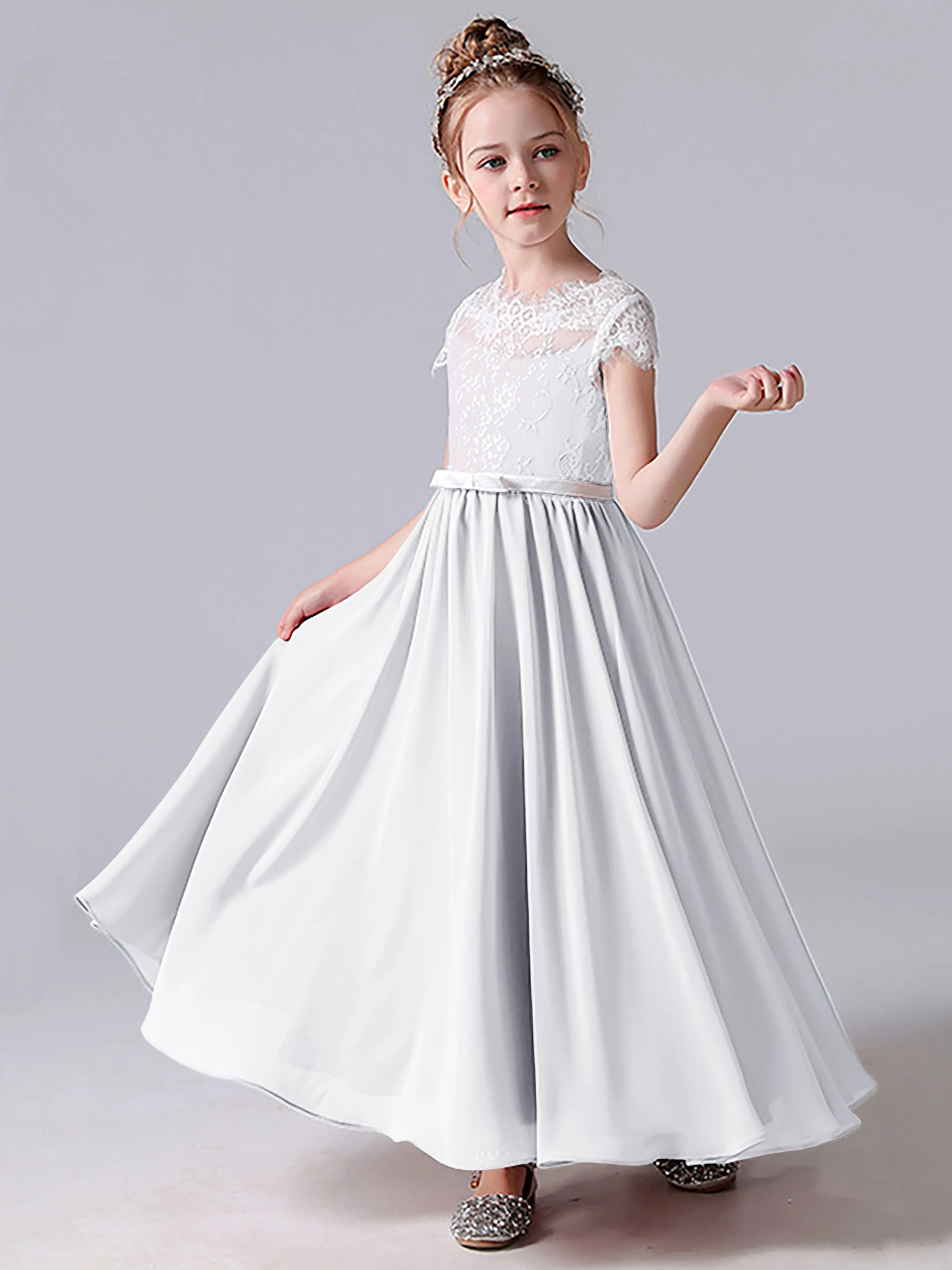 Lace Scoop Junior Bridesmaid Dress with Sleeves