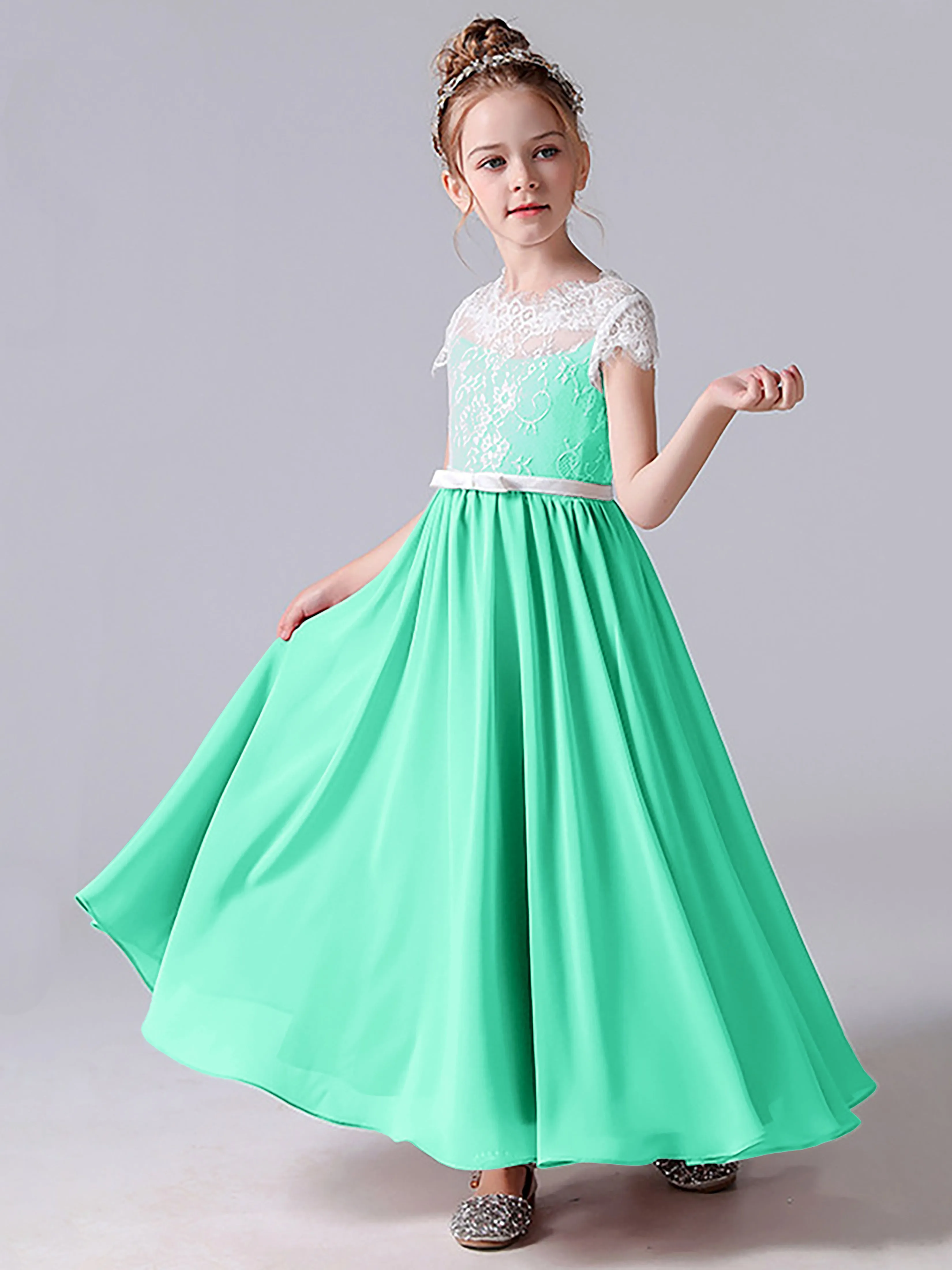 Lace Scoop Junior Bridesmaid Dress with Sleeves