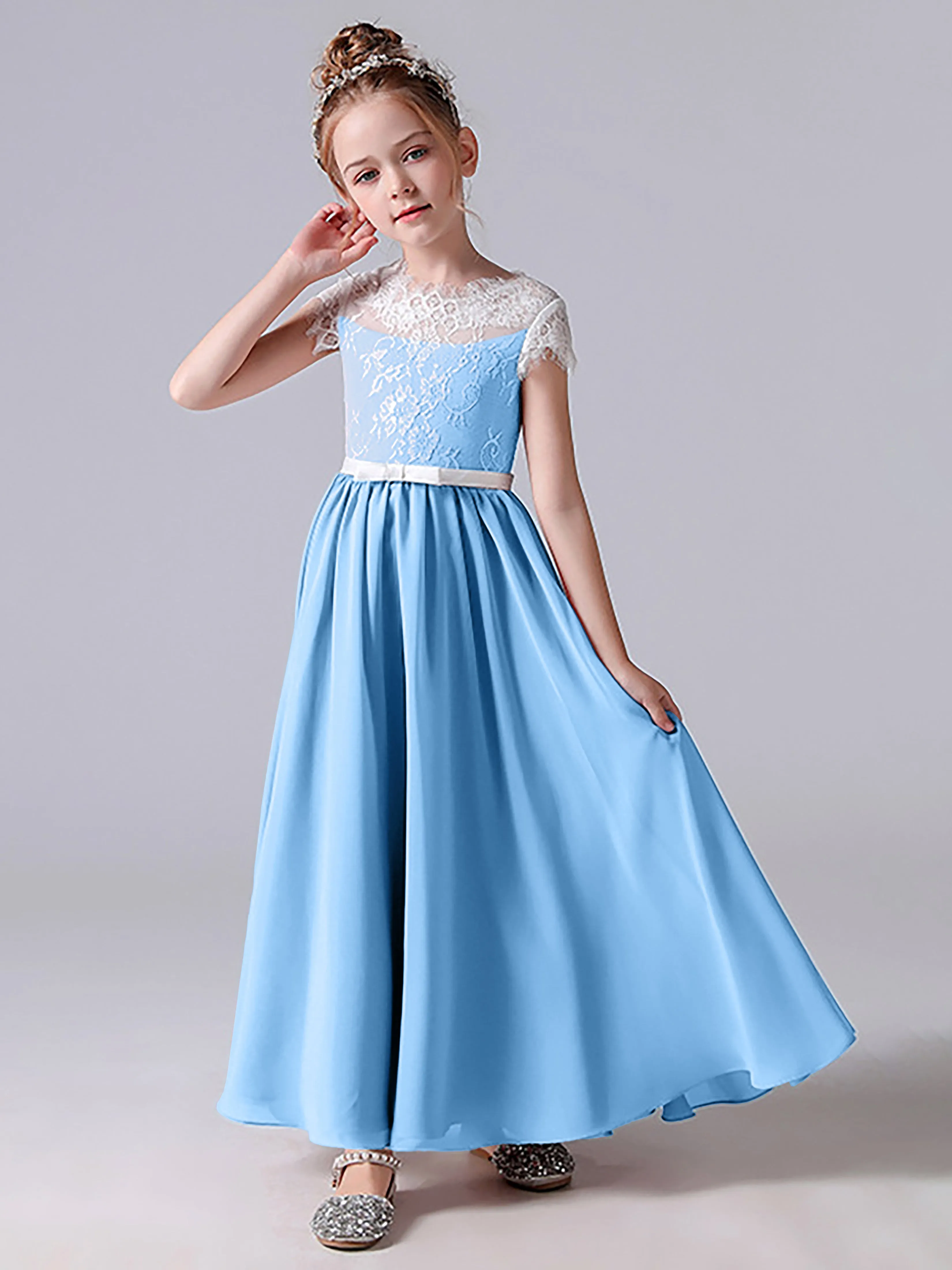 Lace Scoop Junior Bridesmaid Dress with Sleeves