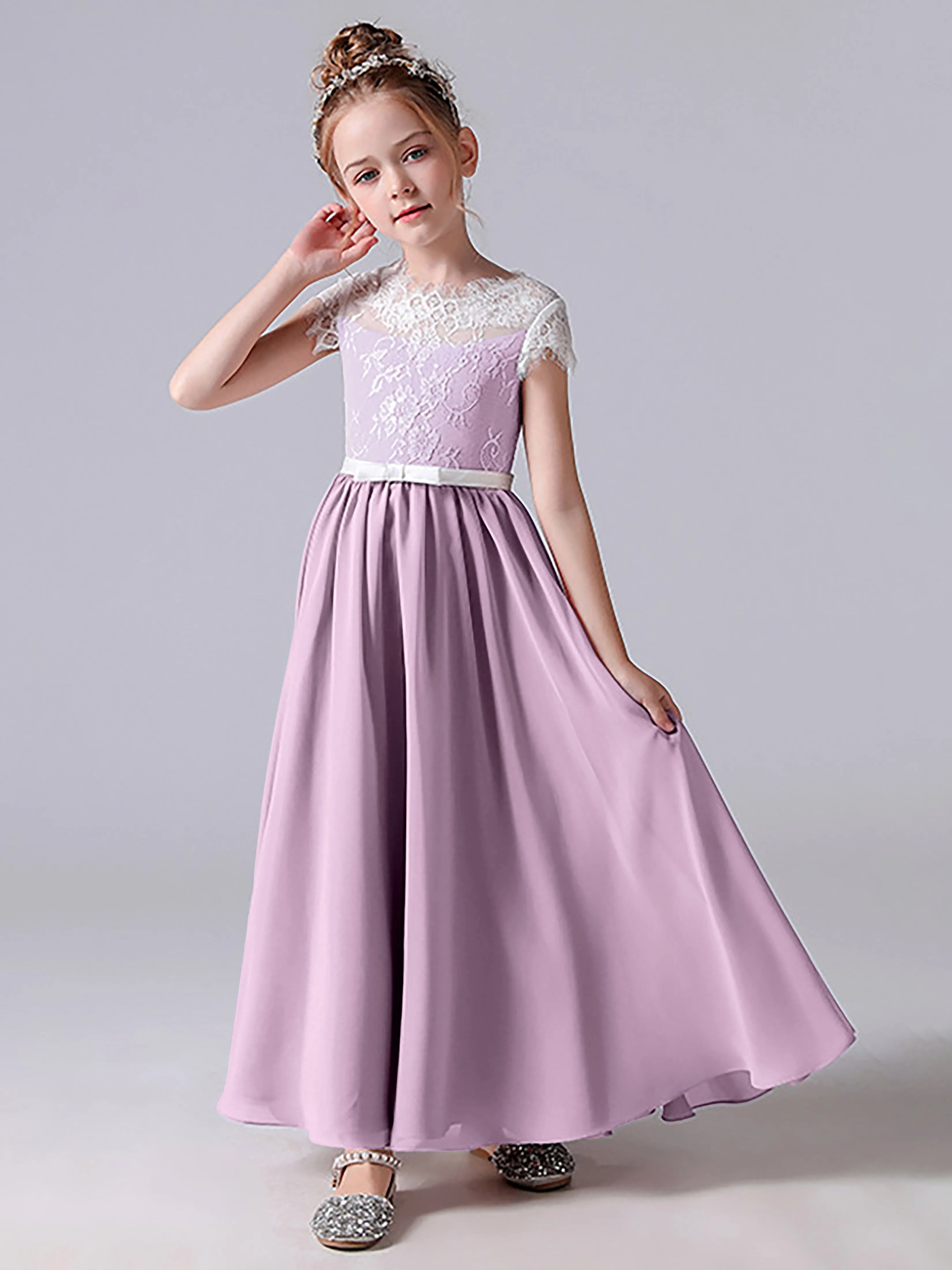 Lace Scoop Junior Bridesmaid Dress with Sleeves