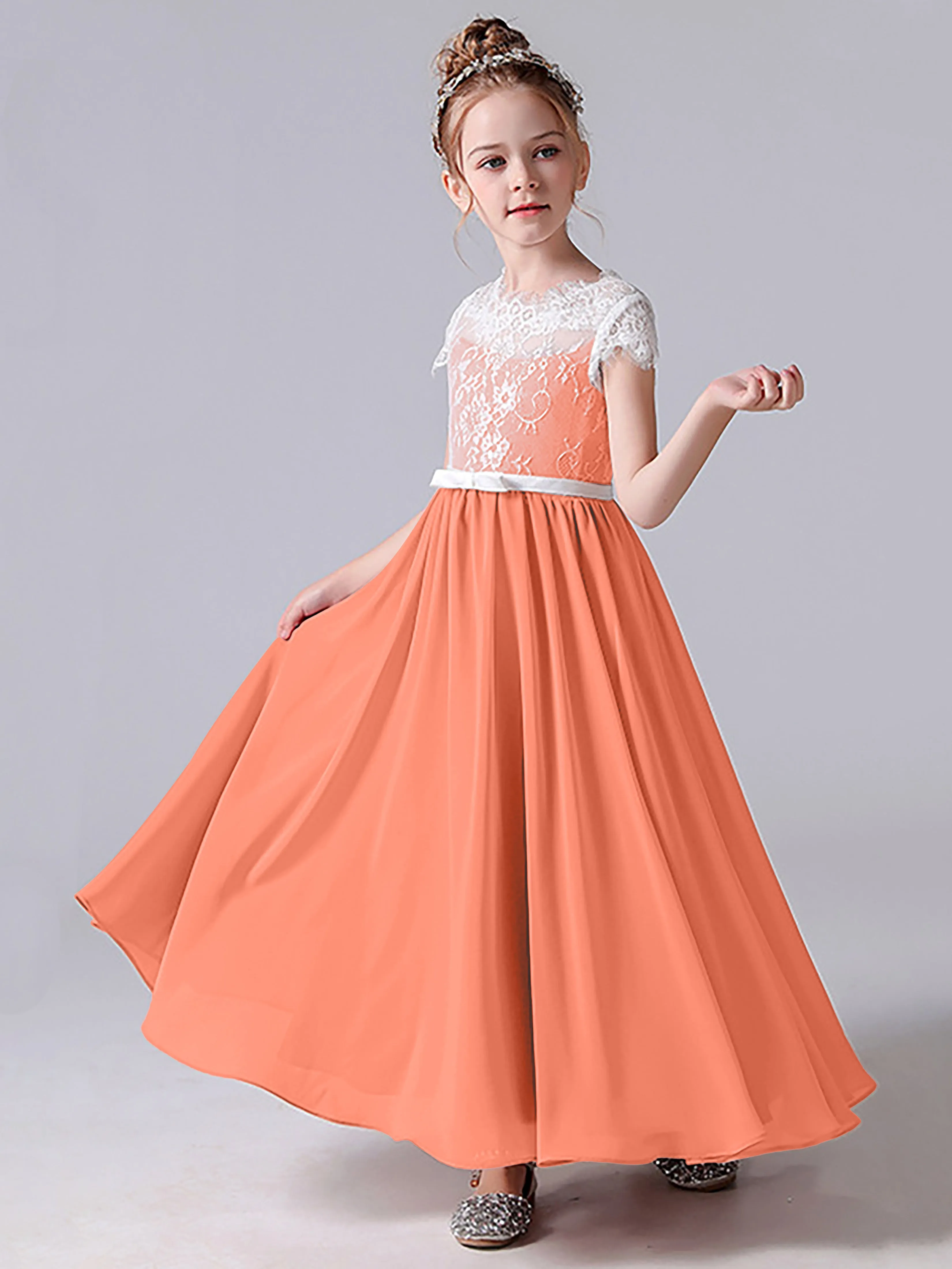 Lace Scoop Junior Bridesmaid Dress with Sleeves