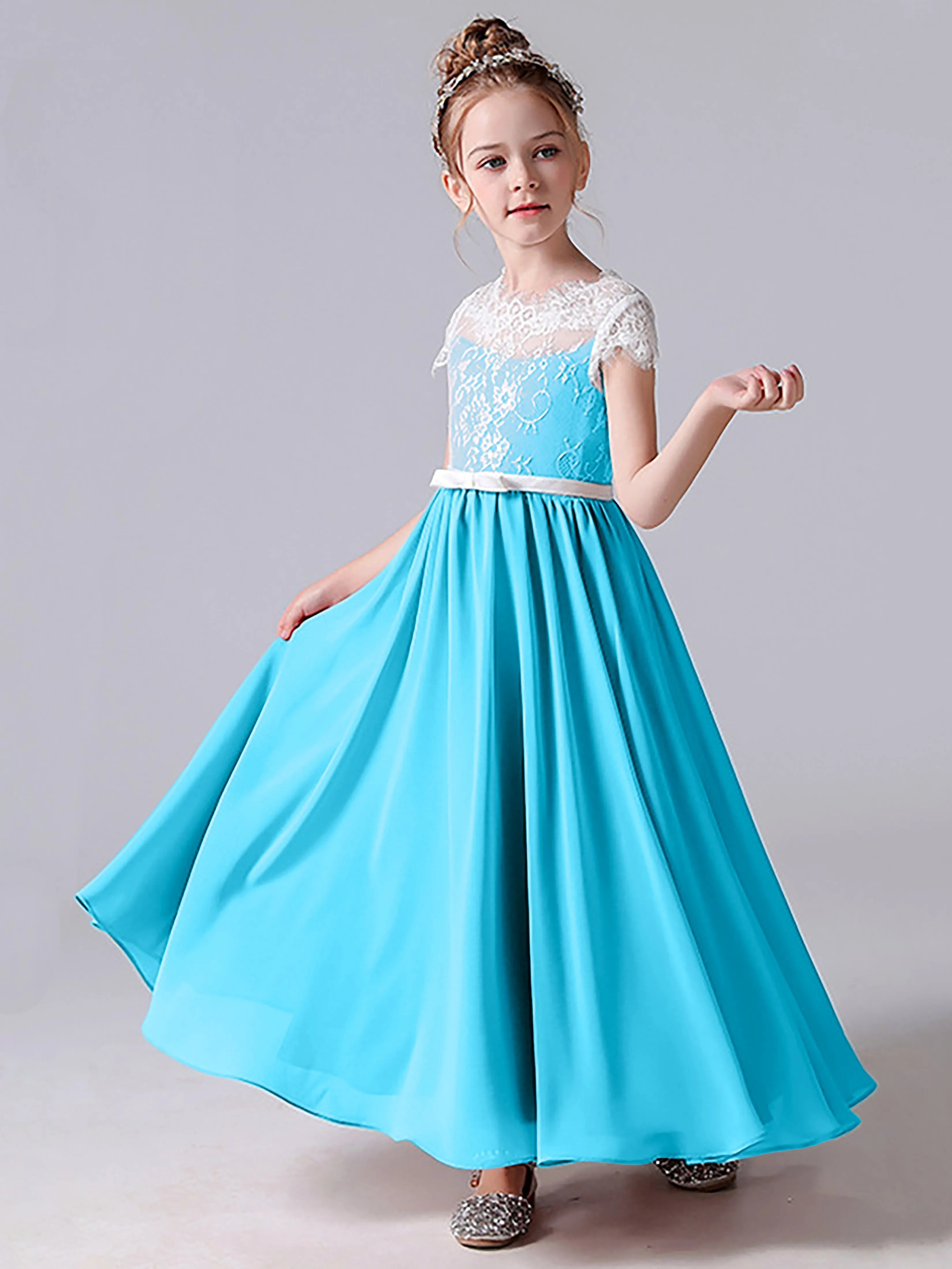 Lace Scoop Junior Bridesmaid Dress with Sleeves