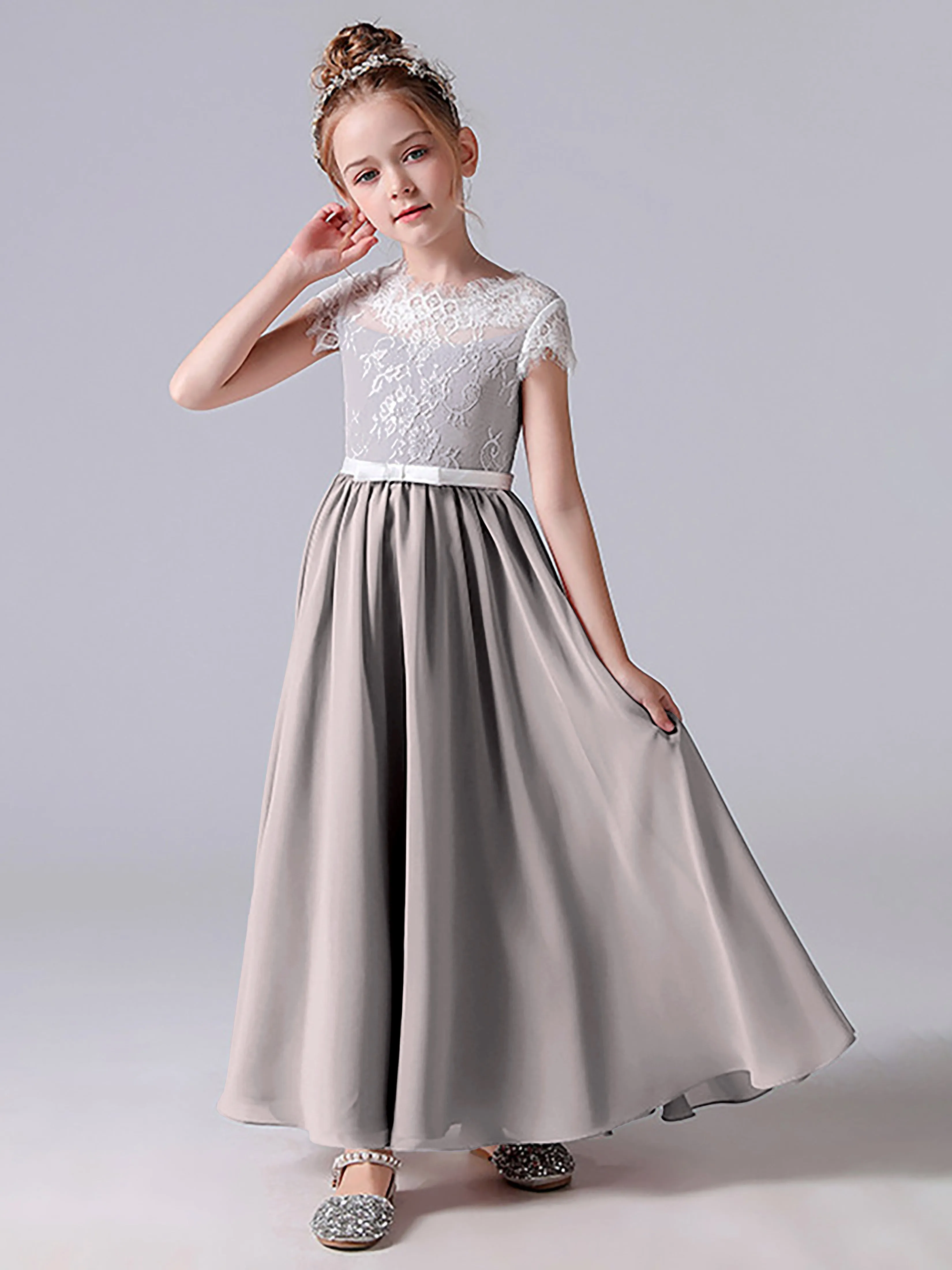 Lace Scoop Junior Bridesmaid Dress with Sleeves