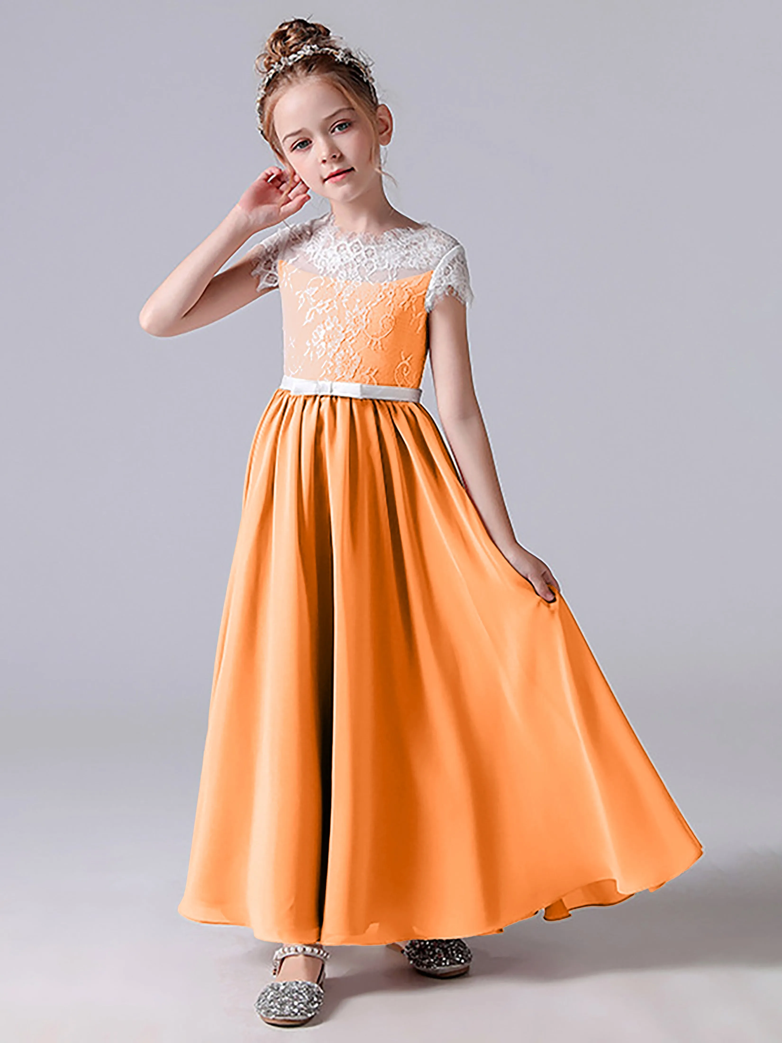 Lace Scoop Junior Bridesmaid Dress with Sleeves