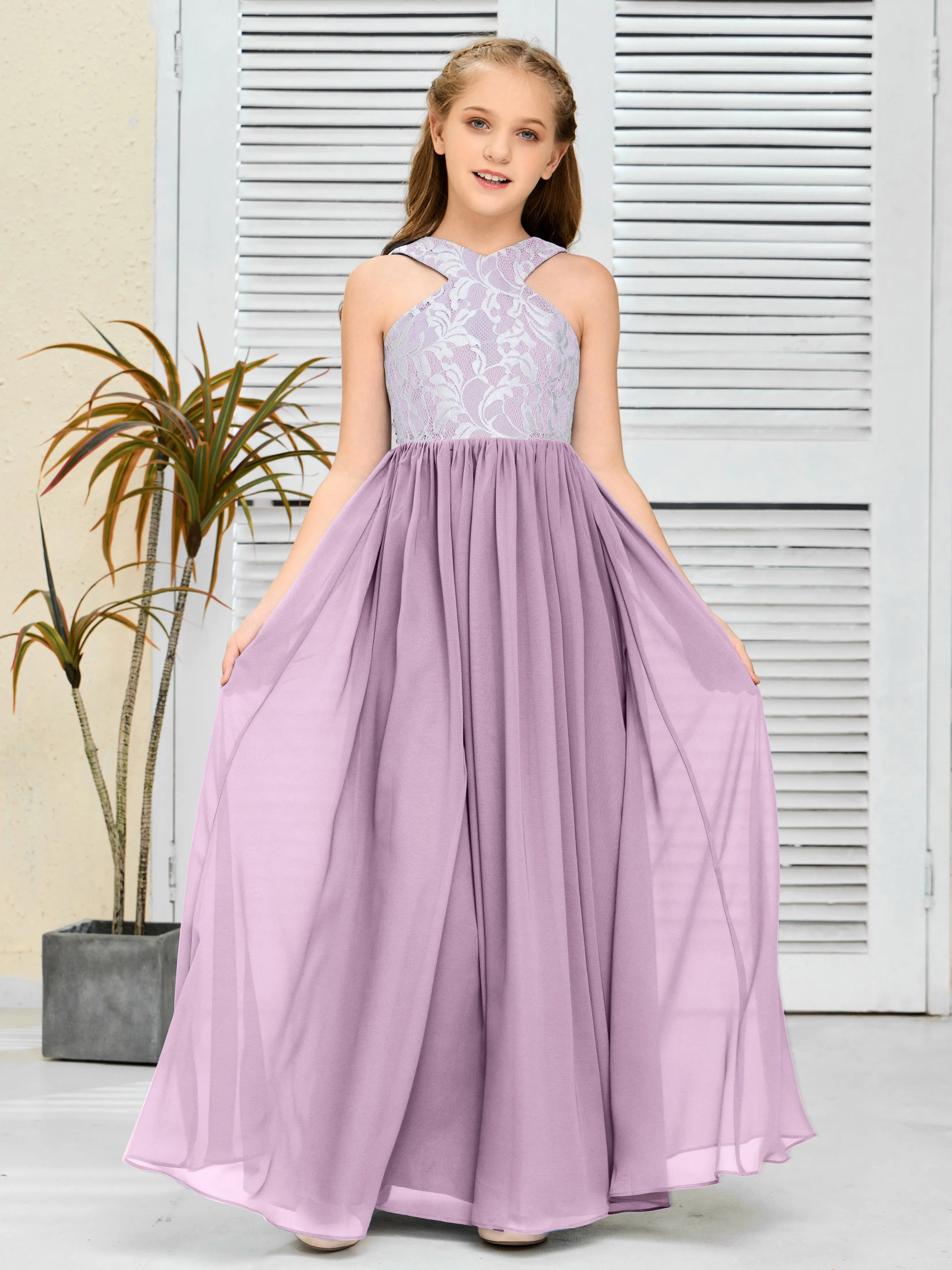 Lace Sleeveless Chiffon Junior Bridesmaid Dress With Belt