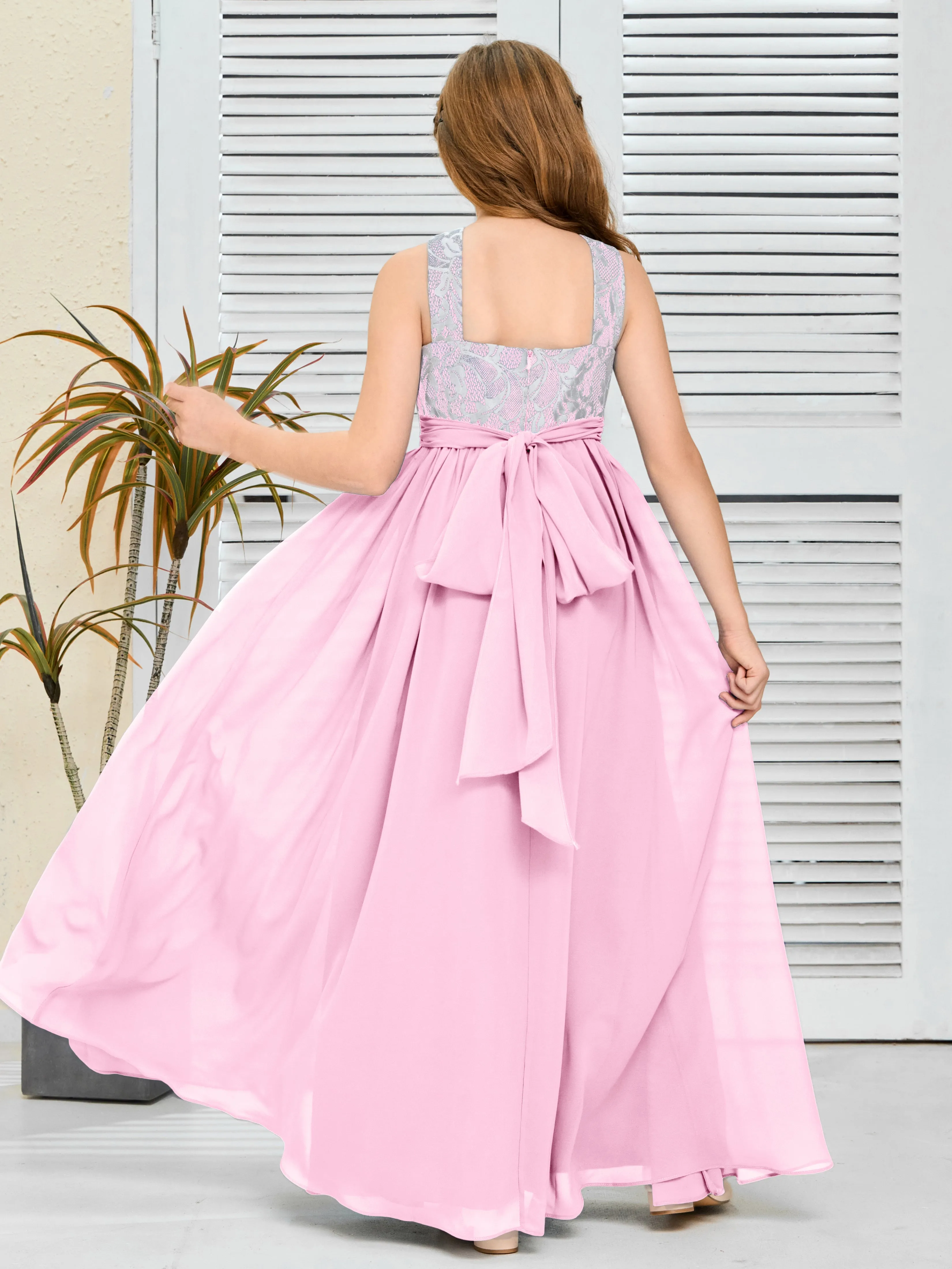 Lace Sleeveless Chiffon Junior Bridesmaid Dress With Belt