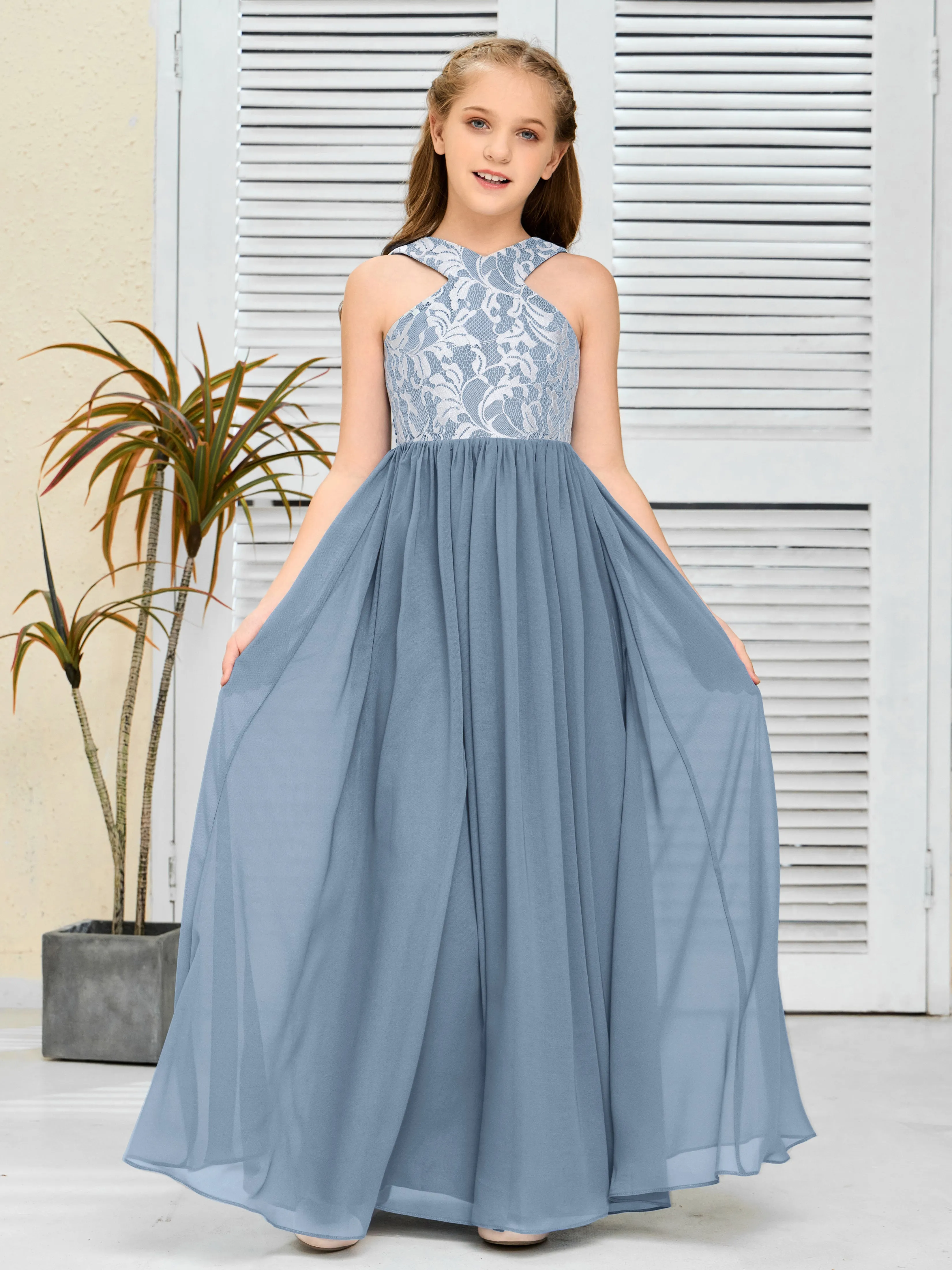 Lace Sleeveless Chiffon Junior Bridesmaid Dress With Belt