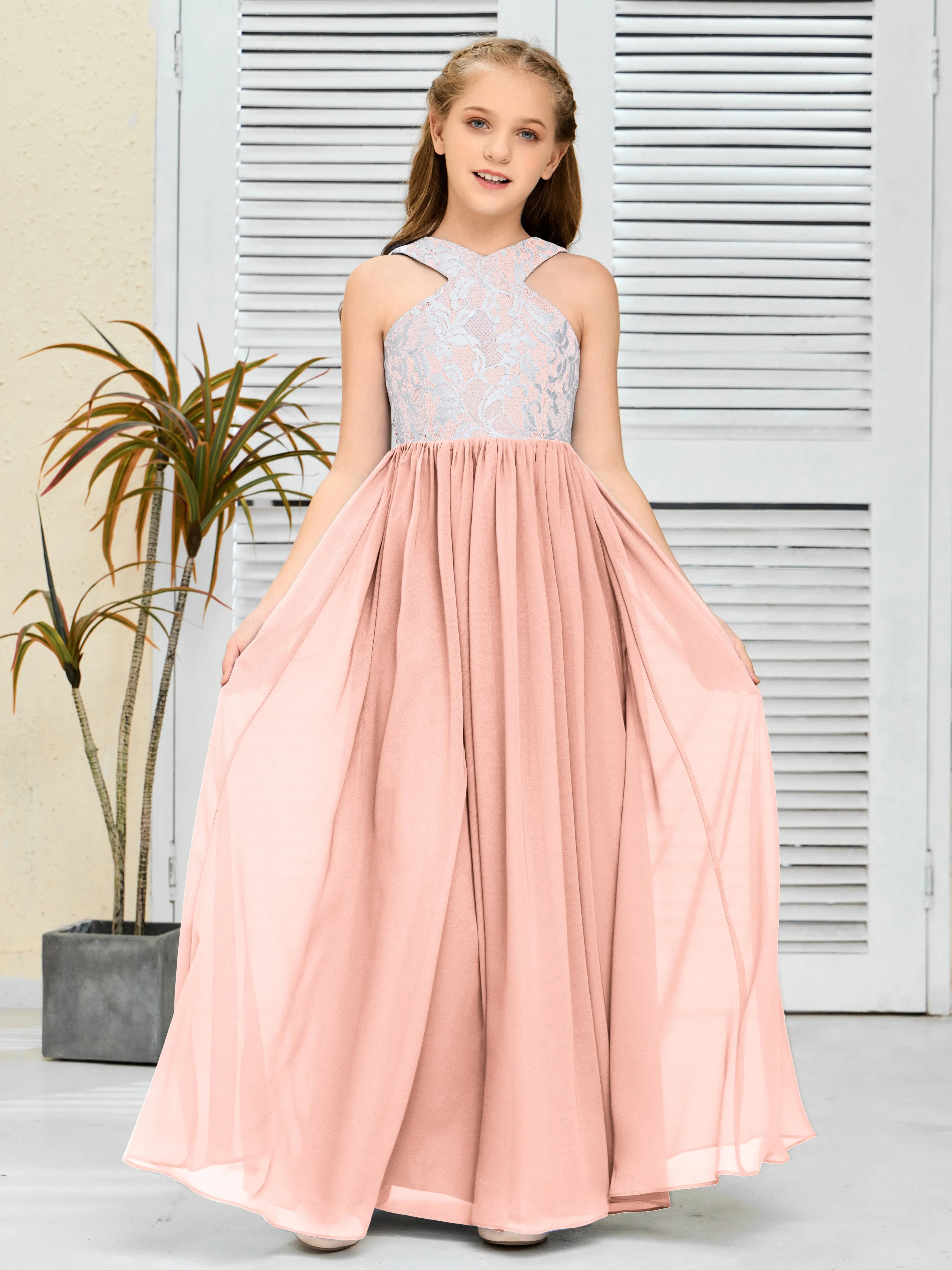 Lace Sleeveless Chiffon Junior Bridesmaid Dress With Belt