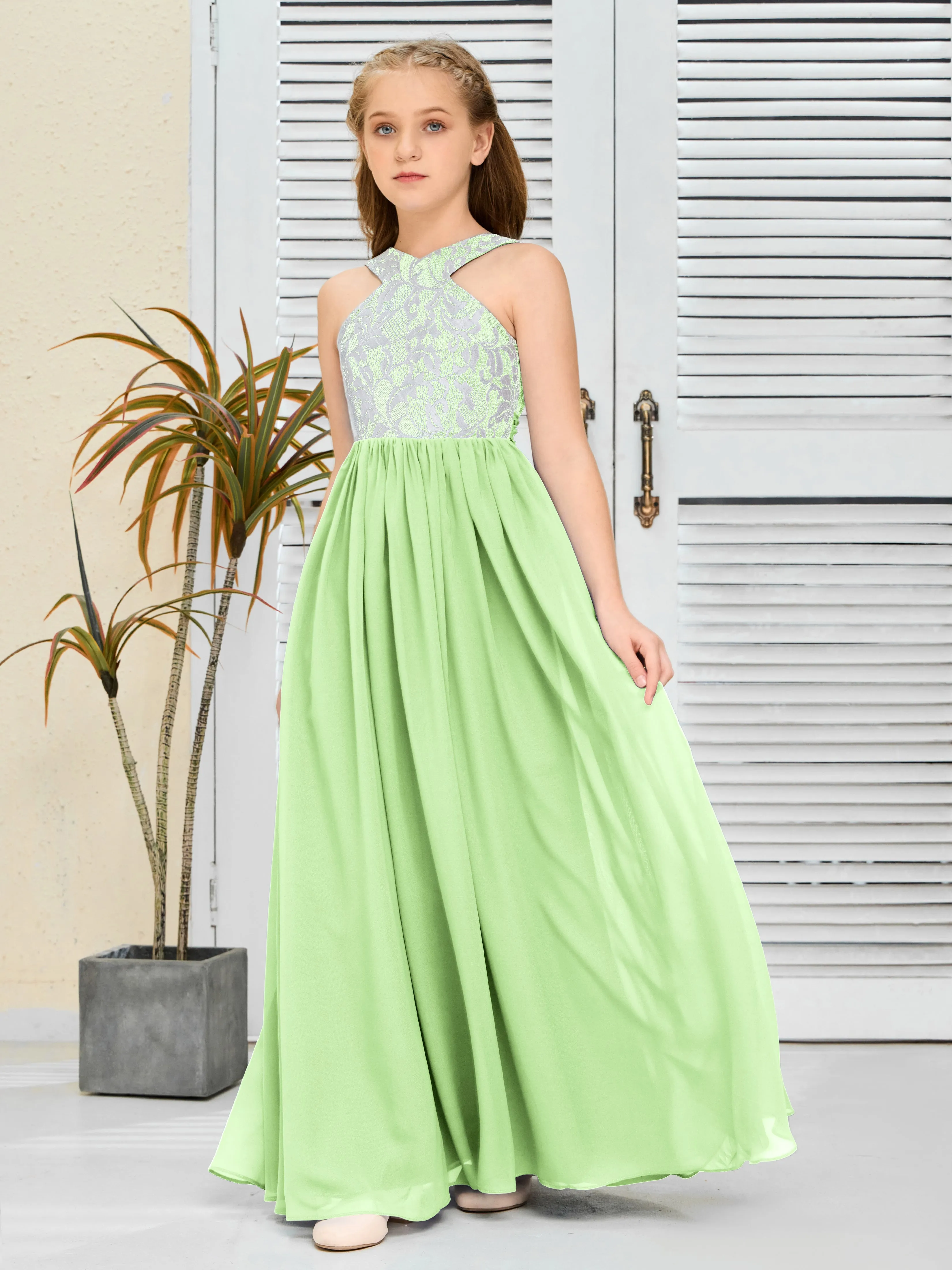 Lace Sleeveless Chiffon Junior Bridesmaid Dress With Belt