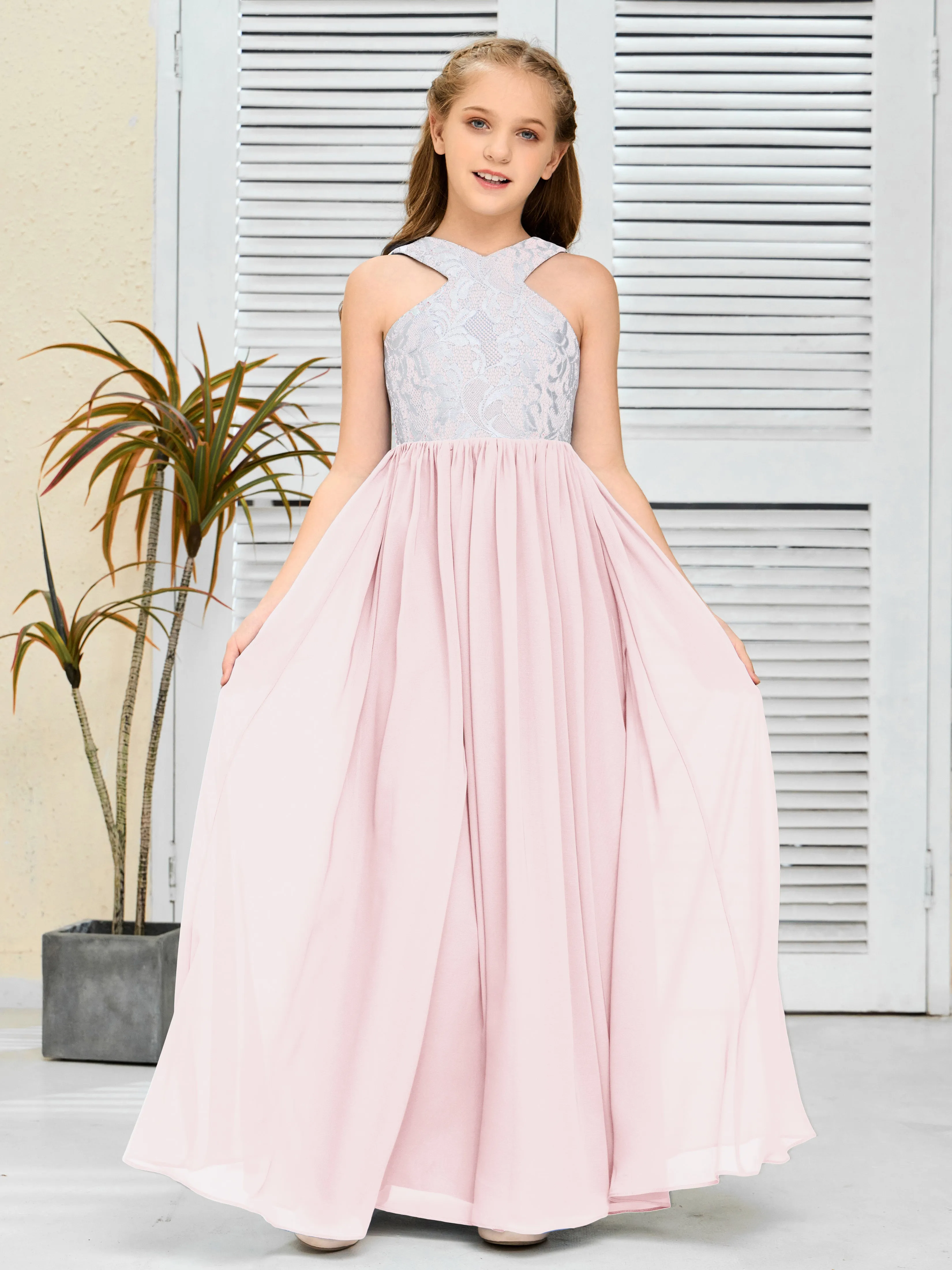 Lace Sleeveless Chiffon Junior Bridesmaid Dress With Belt