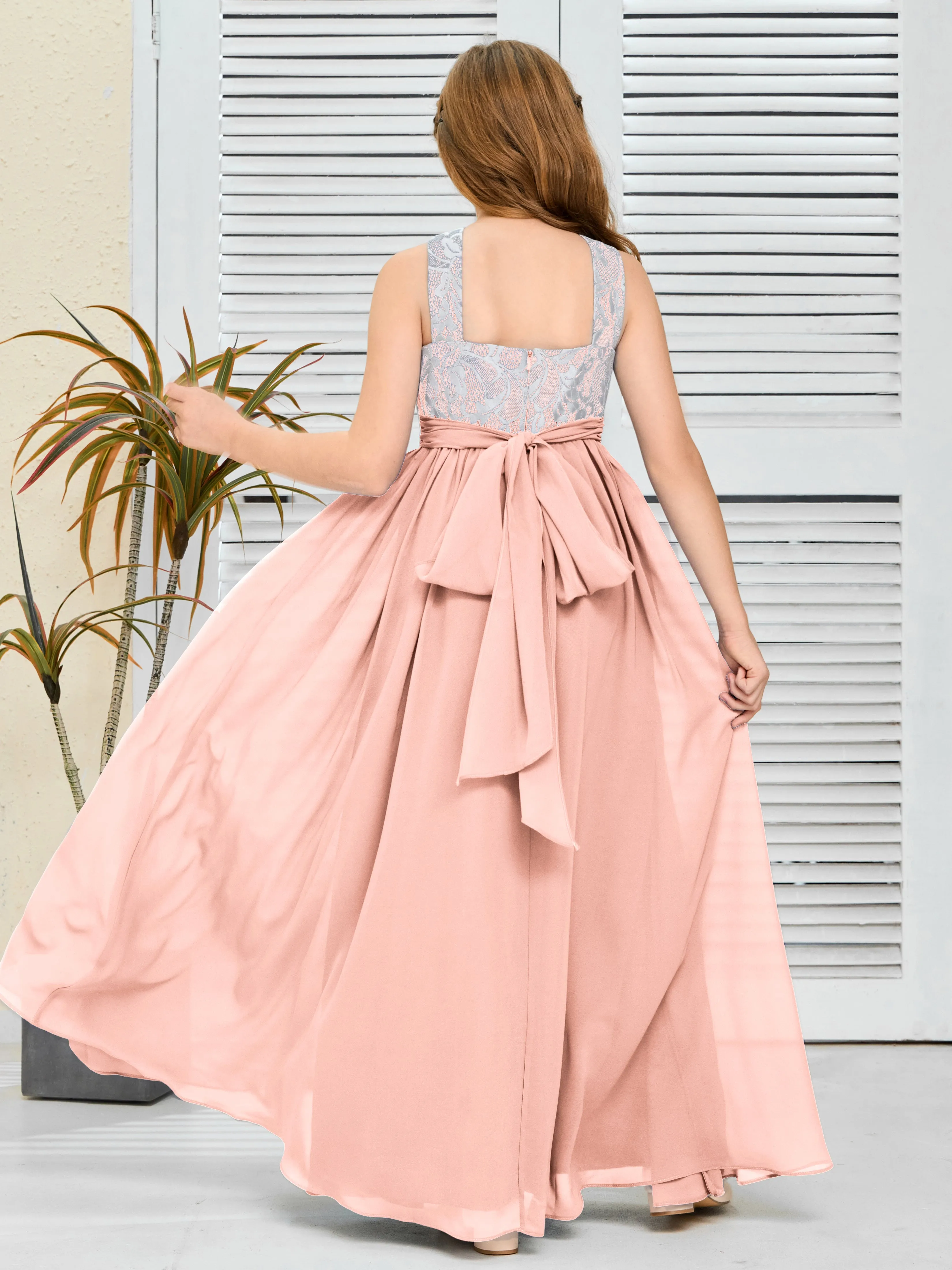 Lace Sleeveless Chiffon Junior Bridesmaid Dress With Belt