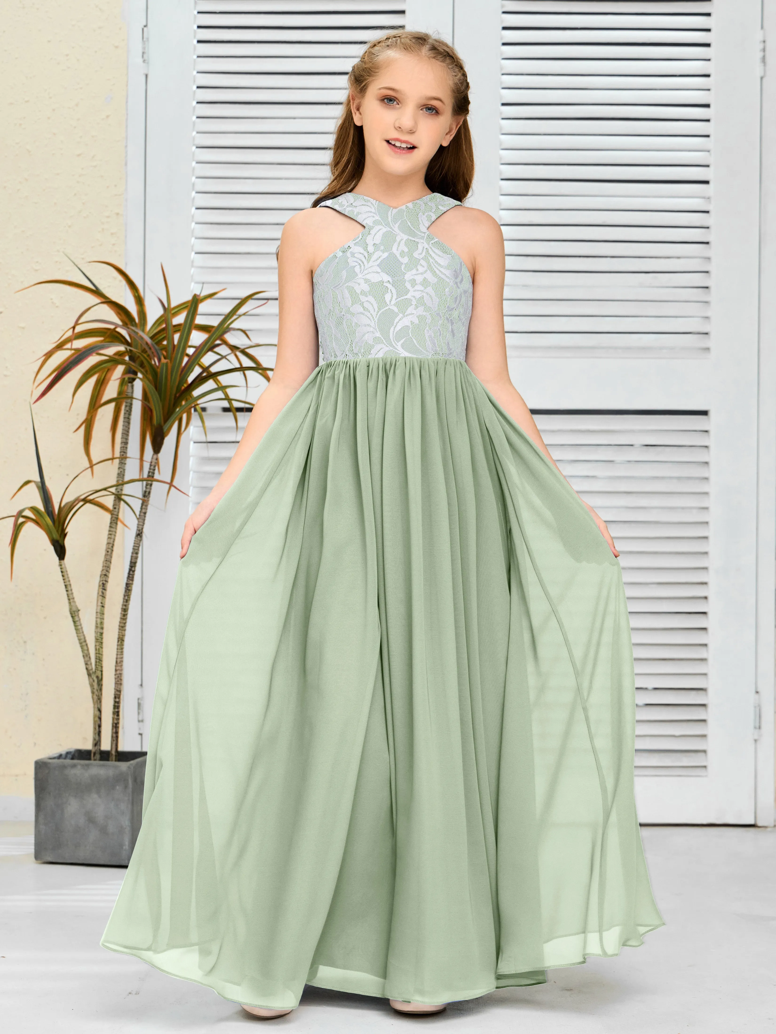 Lace Sleeveless Chiffon Junior Bridesmaid Dress With Belt