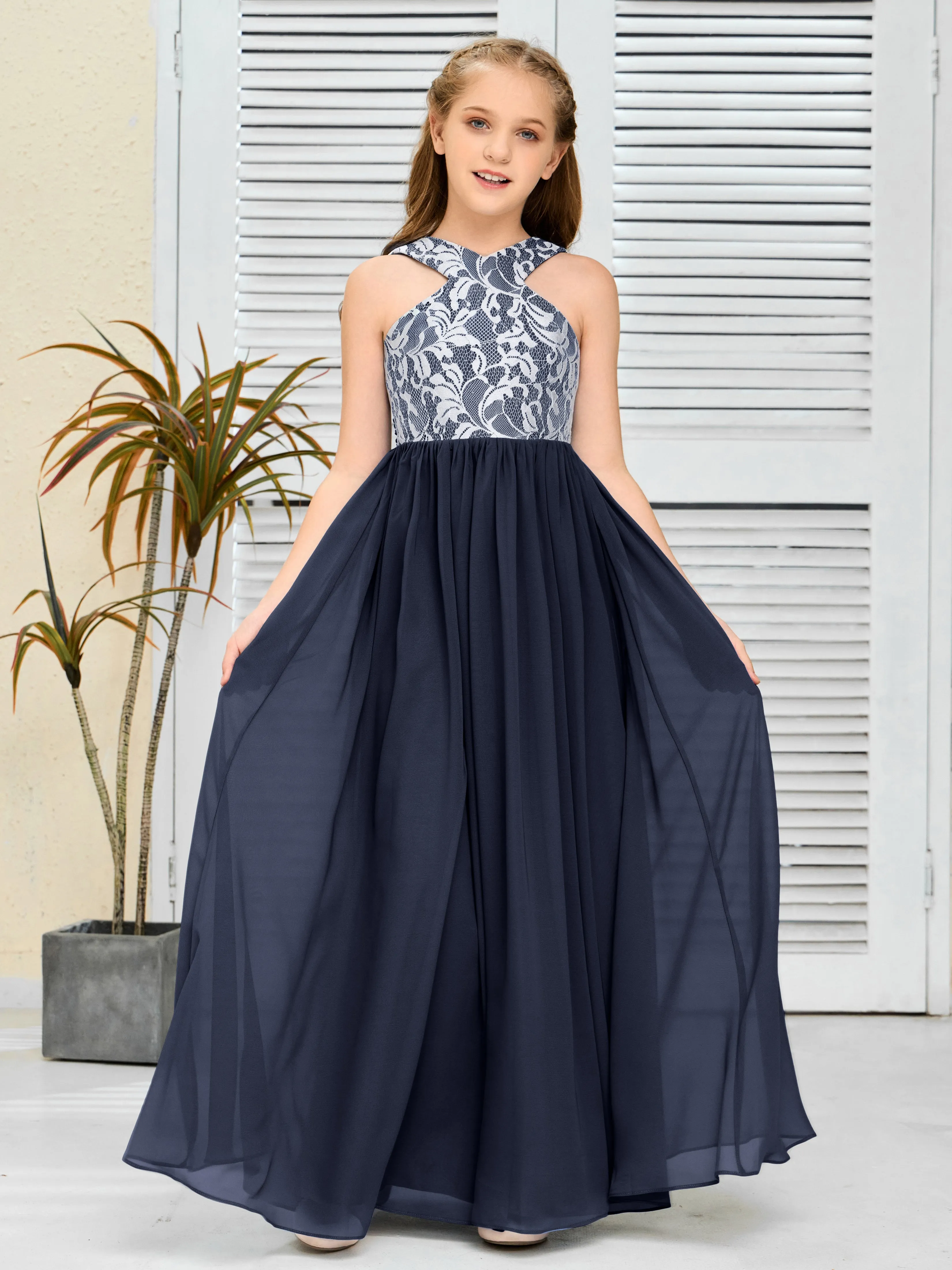 Lace Sleeveless Chiffon Junior Bridesmaid Dress With Belt