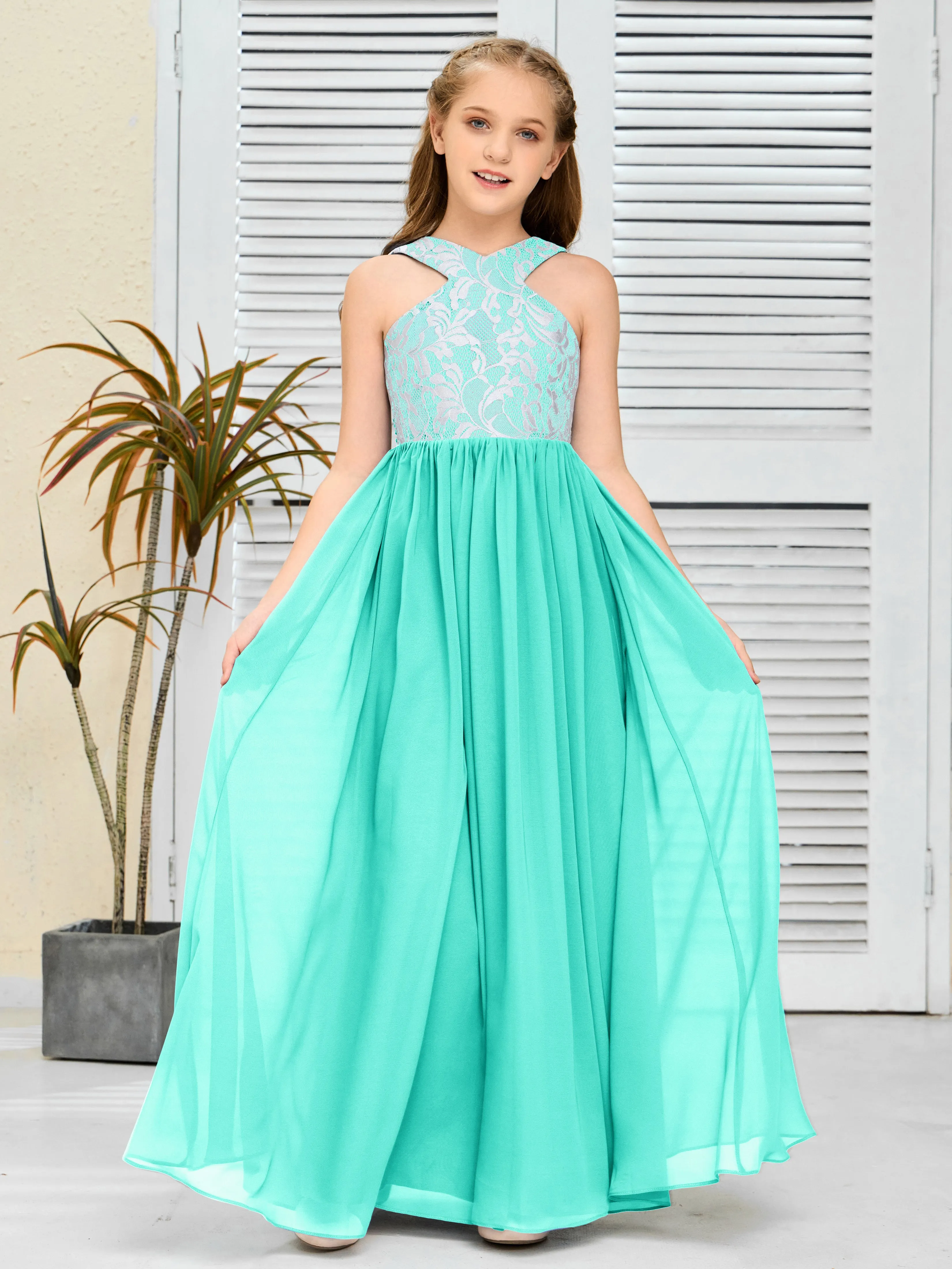 Lace Sleeveless Chiffon Junior Bridesmaid Dress With Belt