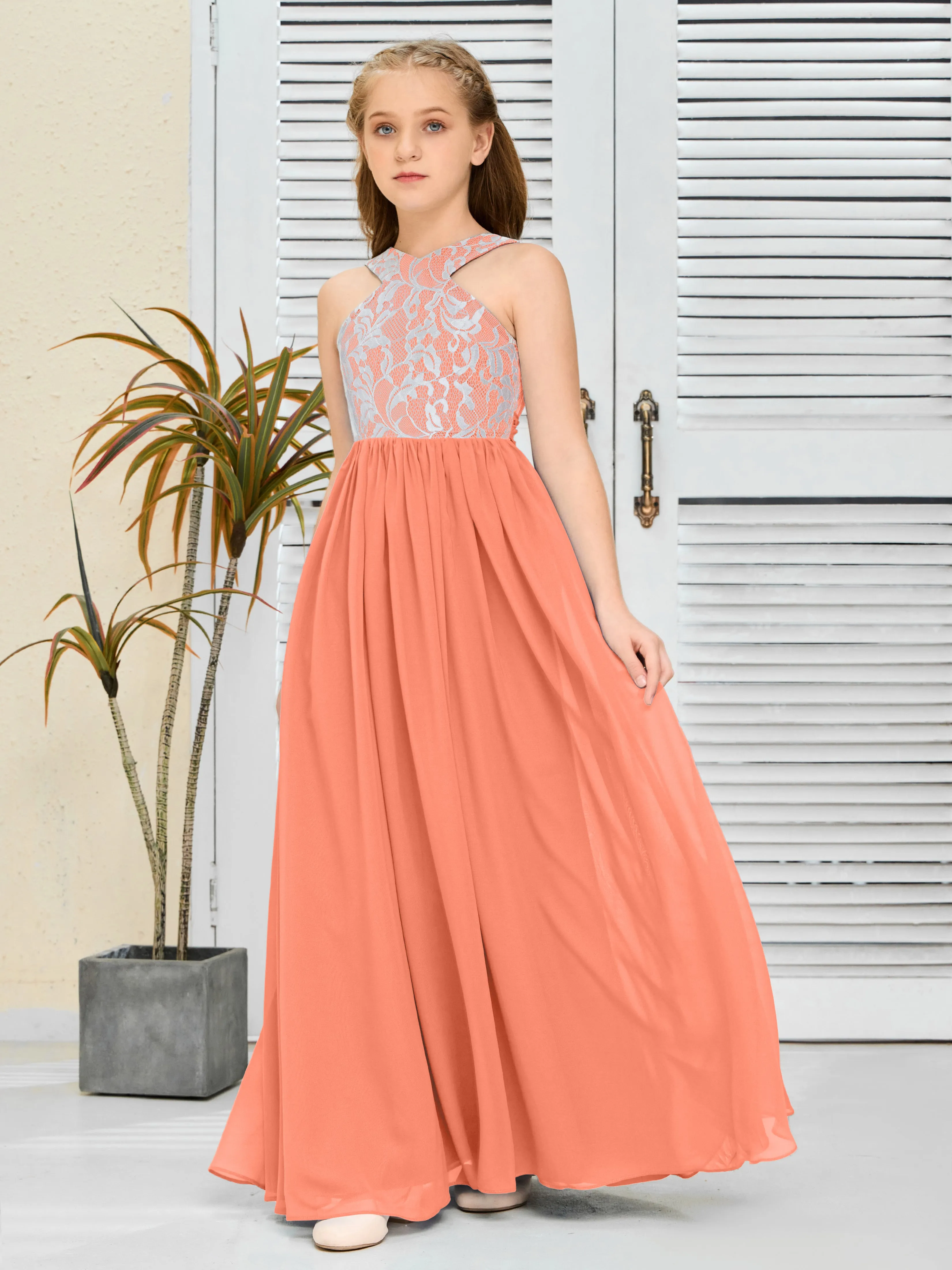 Lace Sleeveless Chiffon Junior Bridesmaid Dress With Belt