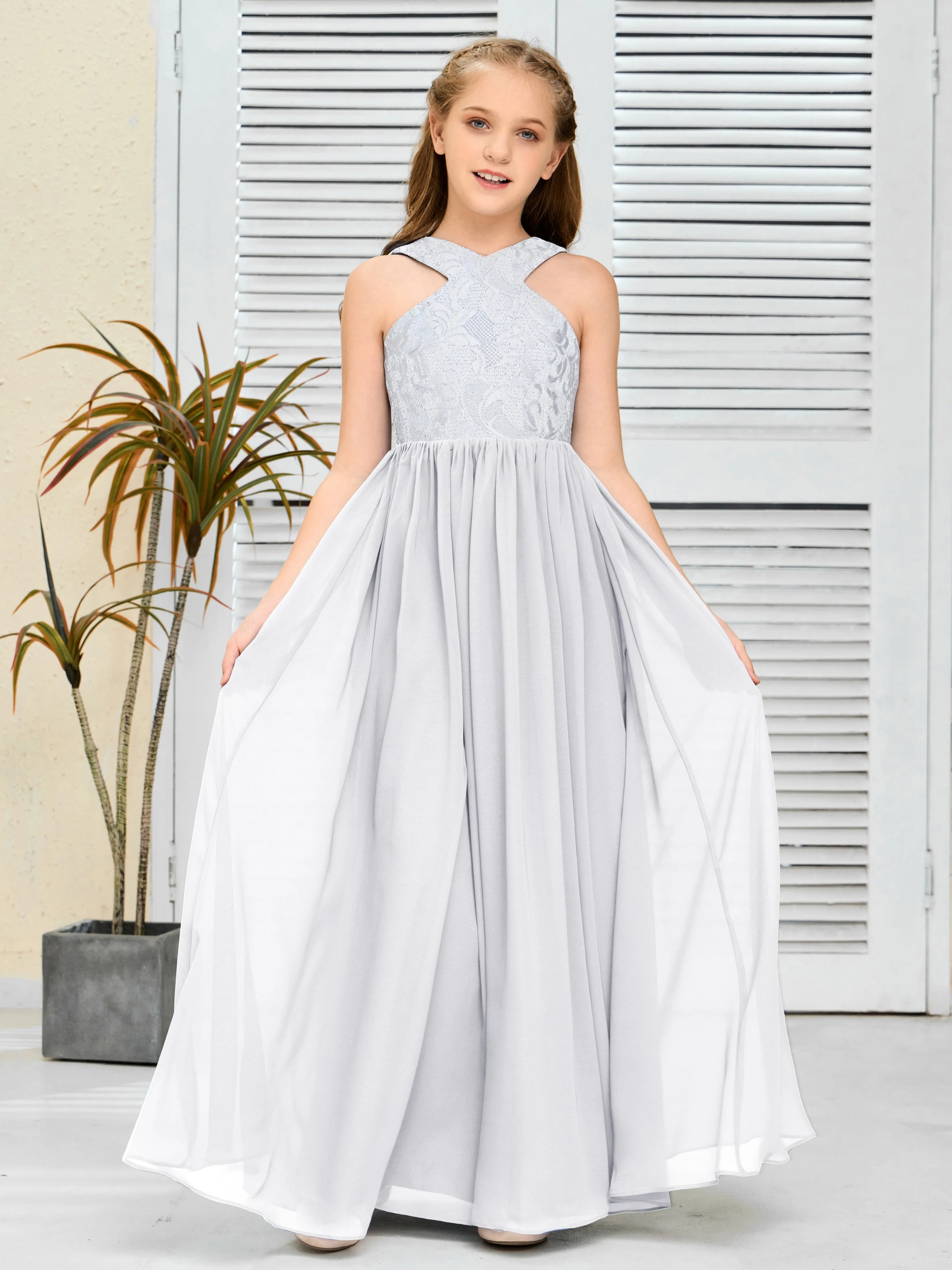 Lace Sleeveless Chiffon Junior Bridesmaid Dress With Belt