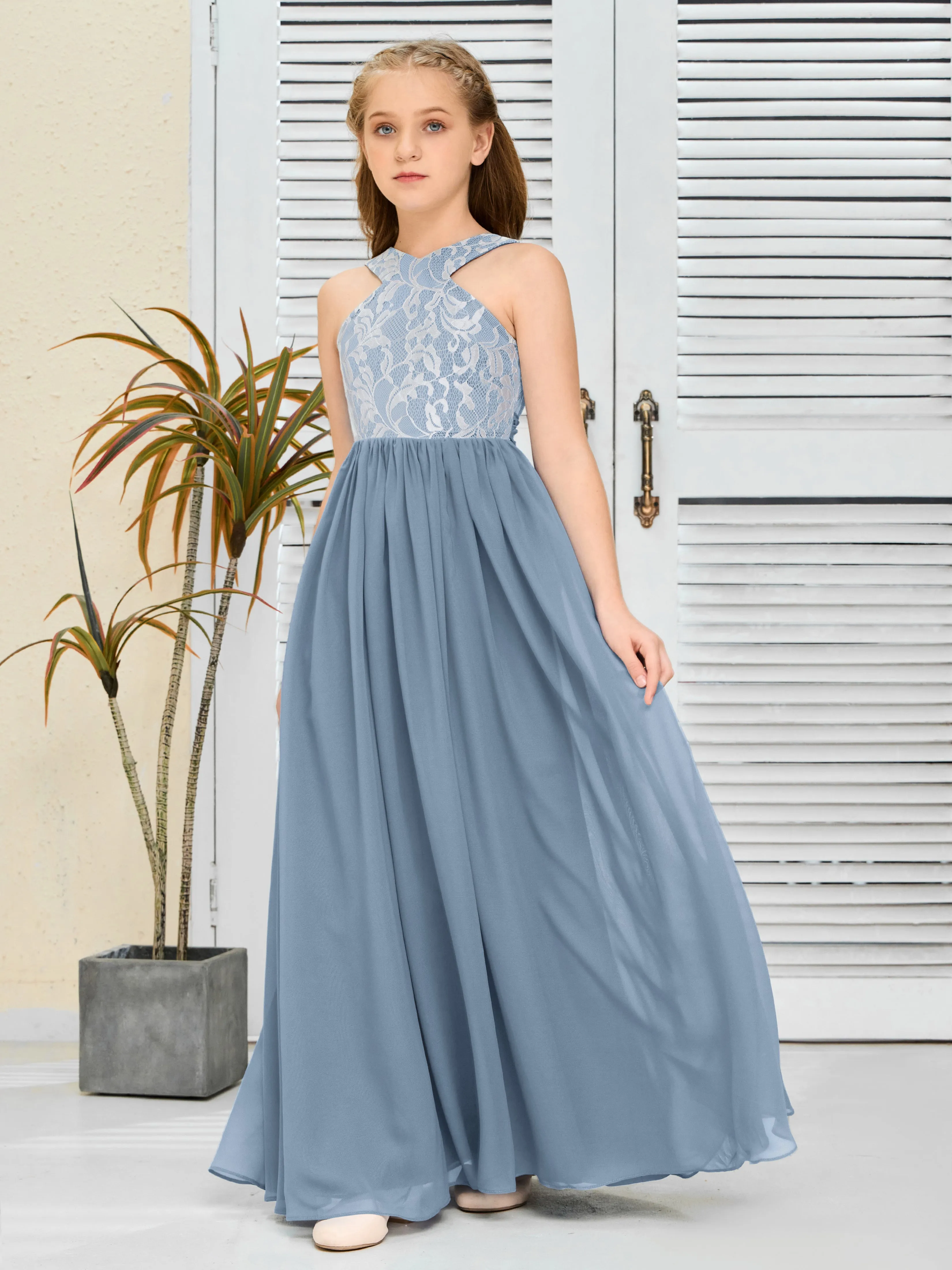 Lace Sleeveless Chiffon Junior Bridesmaid Dress With Belt