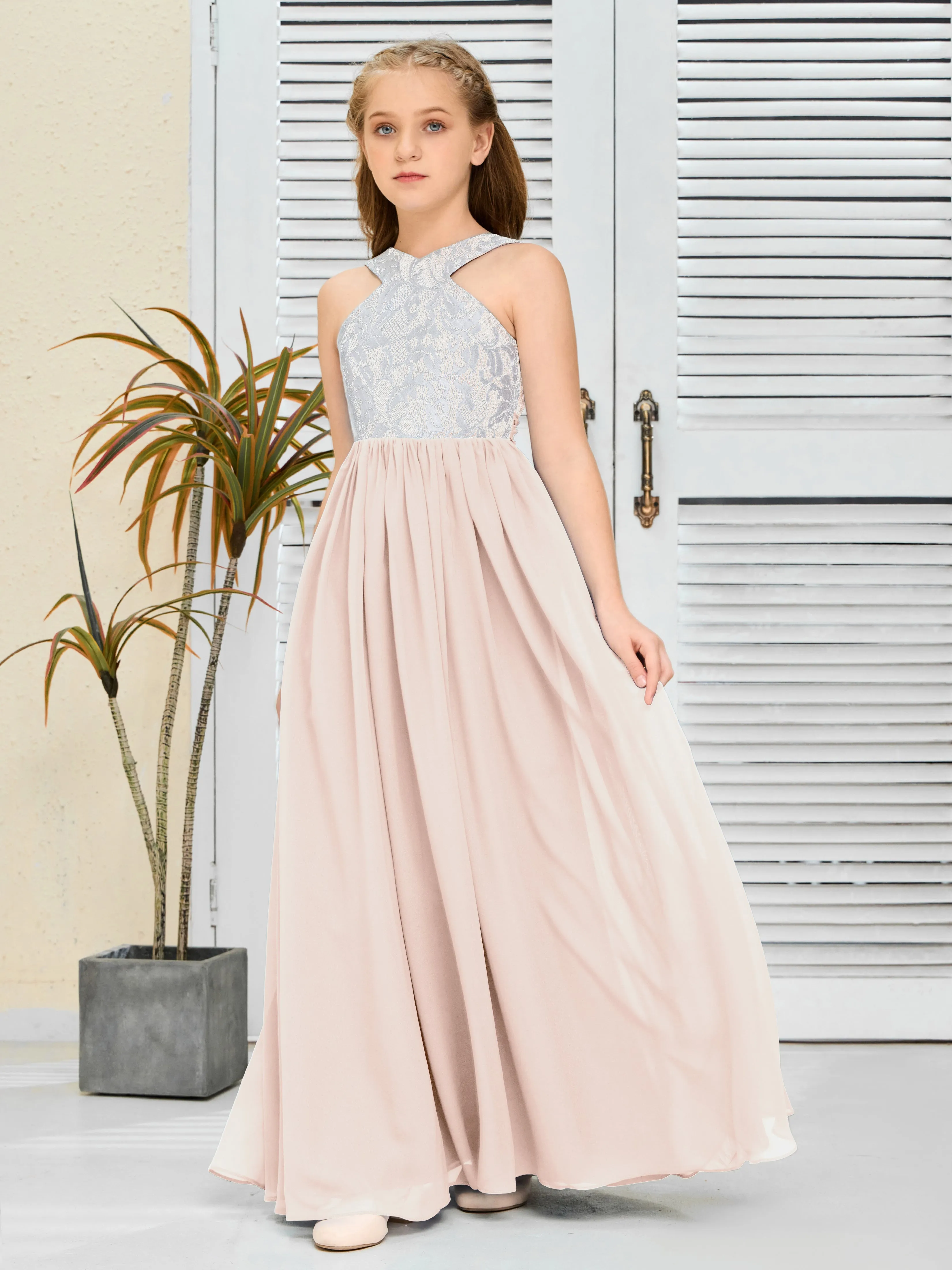 Lace Sleeveless Chiffon Junior Bridesmaid Dress With Belt