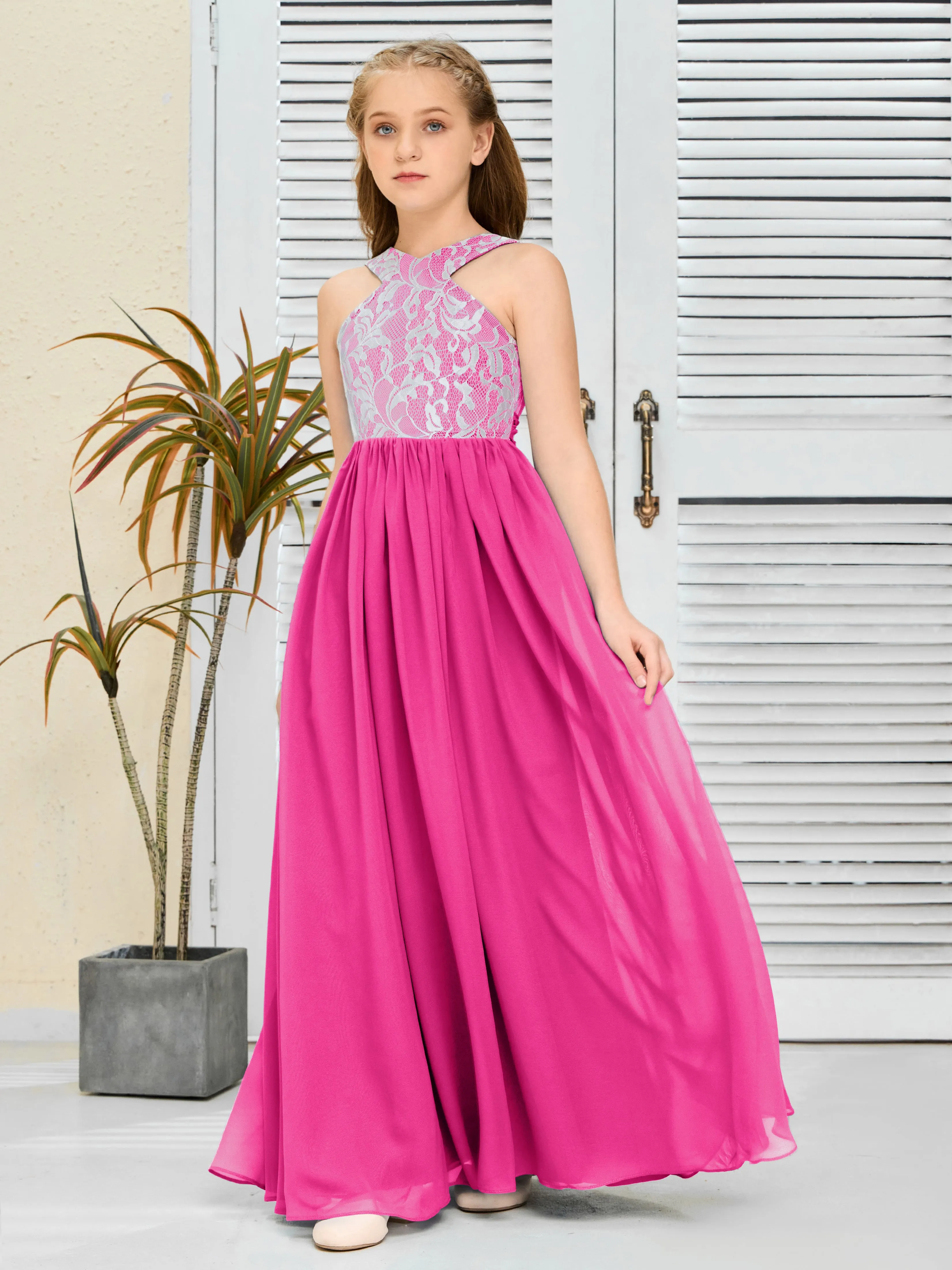 Lace Sleeveless Chiffon Junior Bridesmaid Dress With Belt