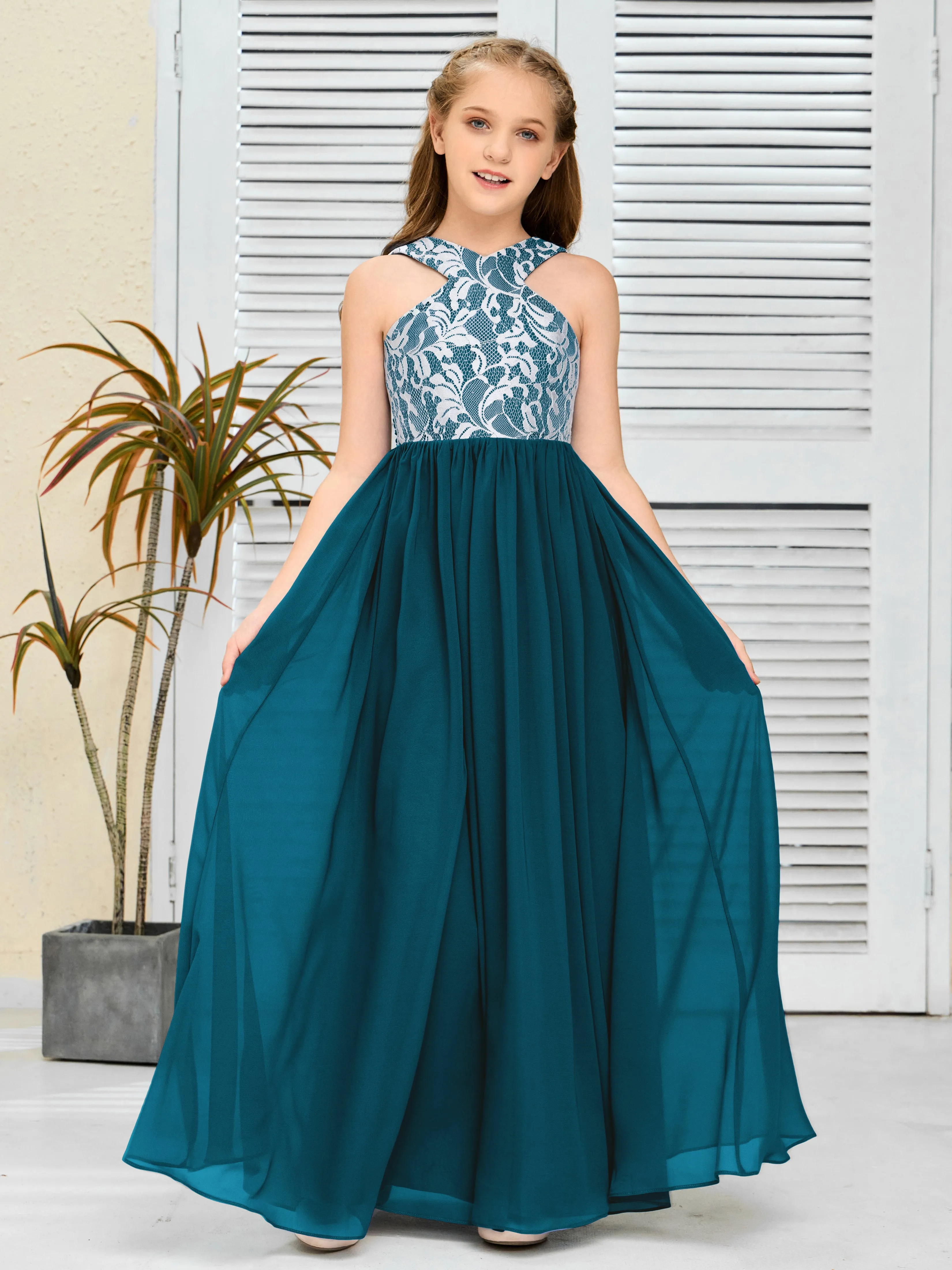 Lace Sleeveless Chiffon Junior Bridesmaid Dress With Belt