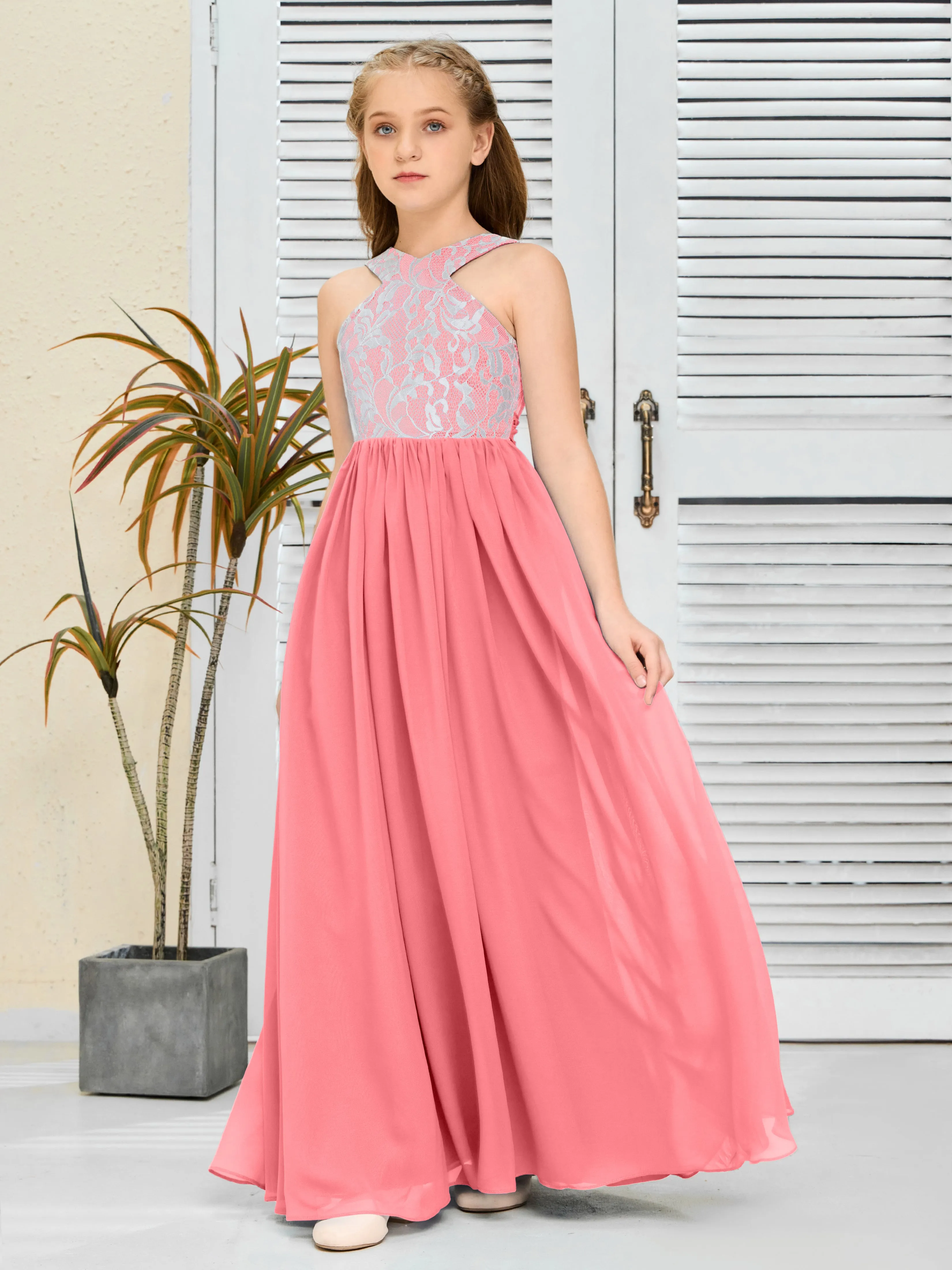 Lace Sleeveless Chiffon Junior Bridesmaid Dress With Belt