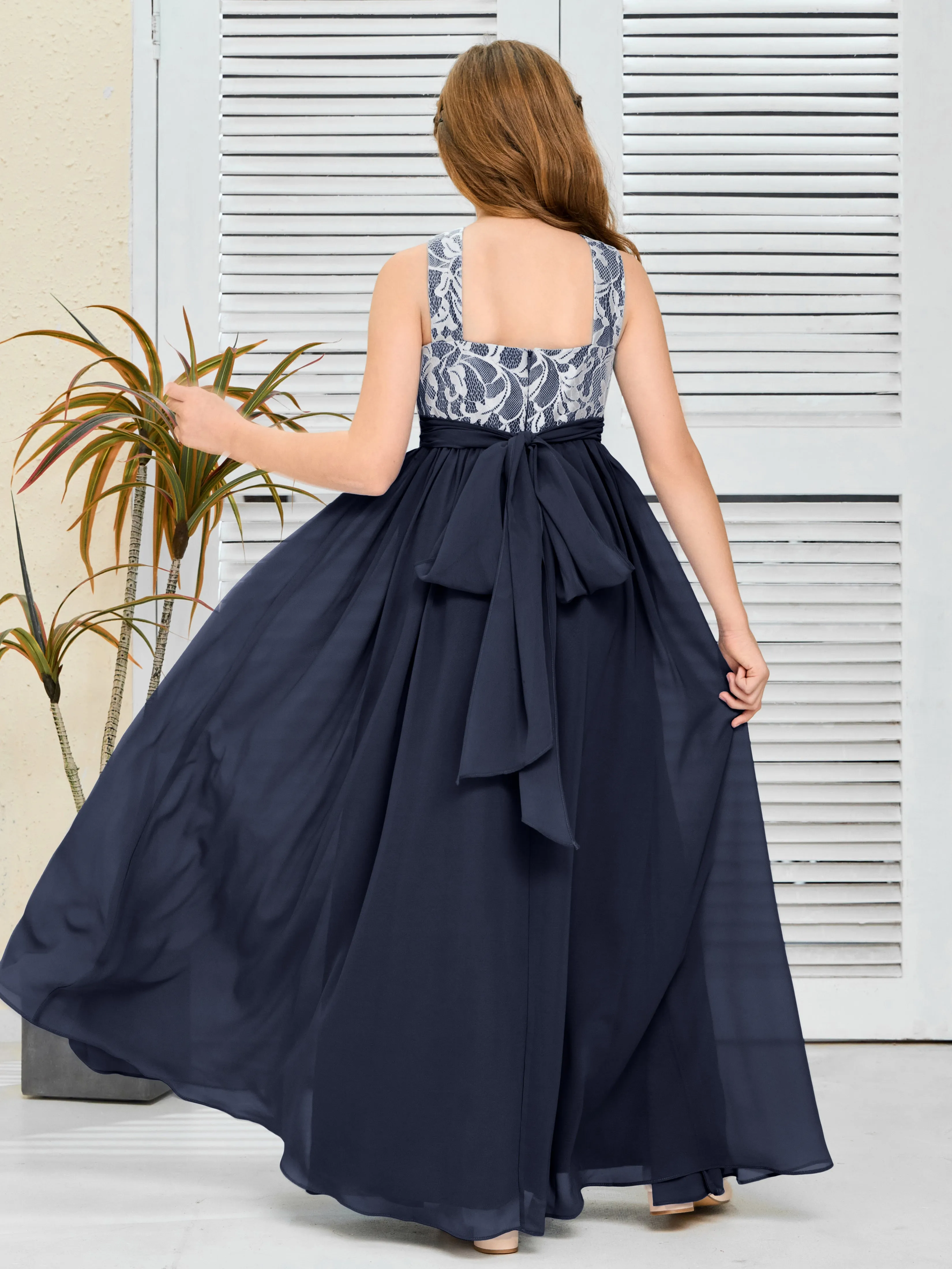 Lace Sleeveless Chiffon Junior Bridesmaid Dress With Belt