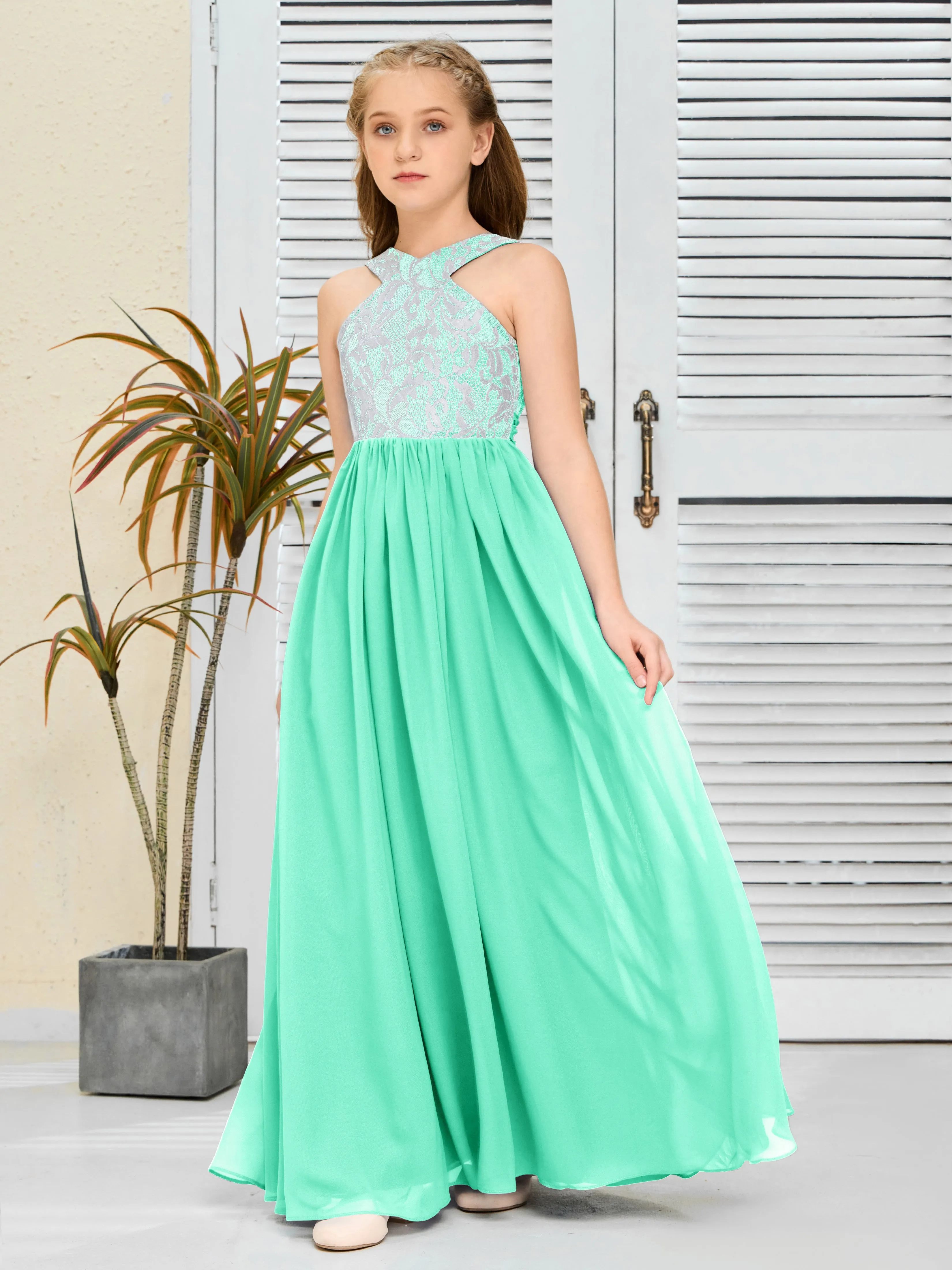 Lace Sleeveless Chiffon Junior Bridesmaid Dress With Belt