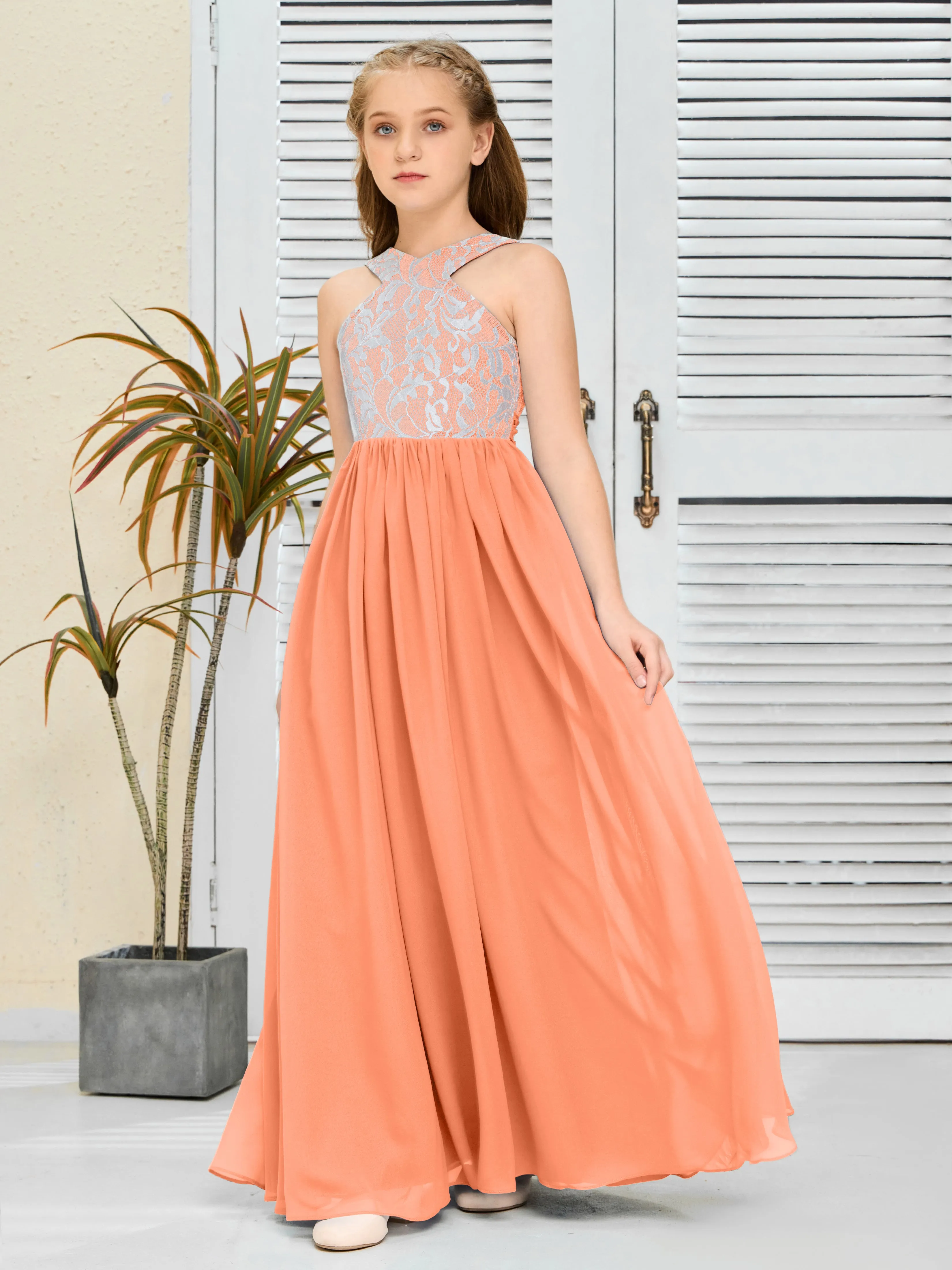 Lace Sleeveless Chiffon Junior Bridesmaid Dress With Belt