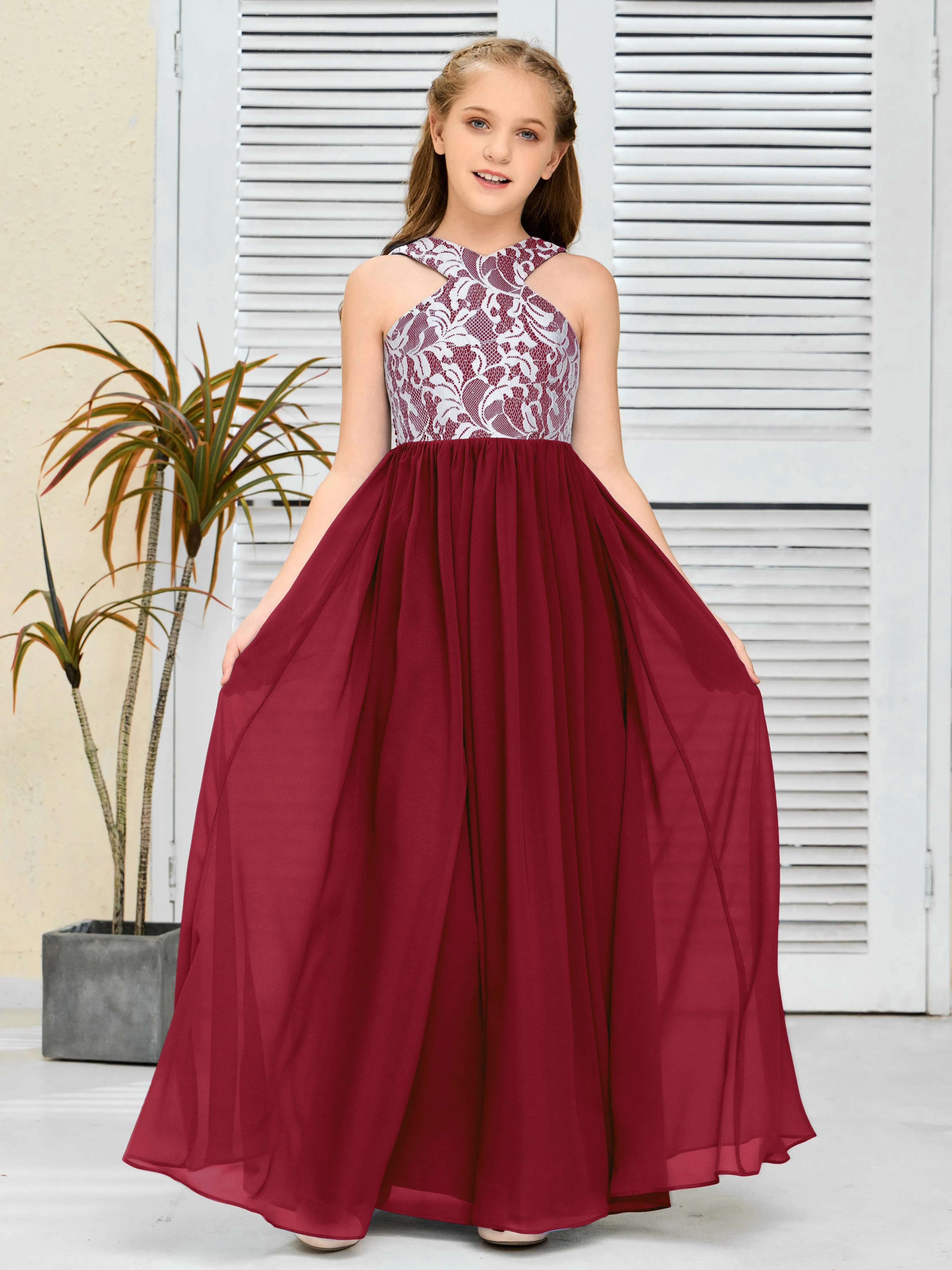 Lace Sleeveless Chiffon Junior Bridesmaid Dress With Belt