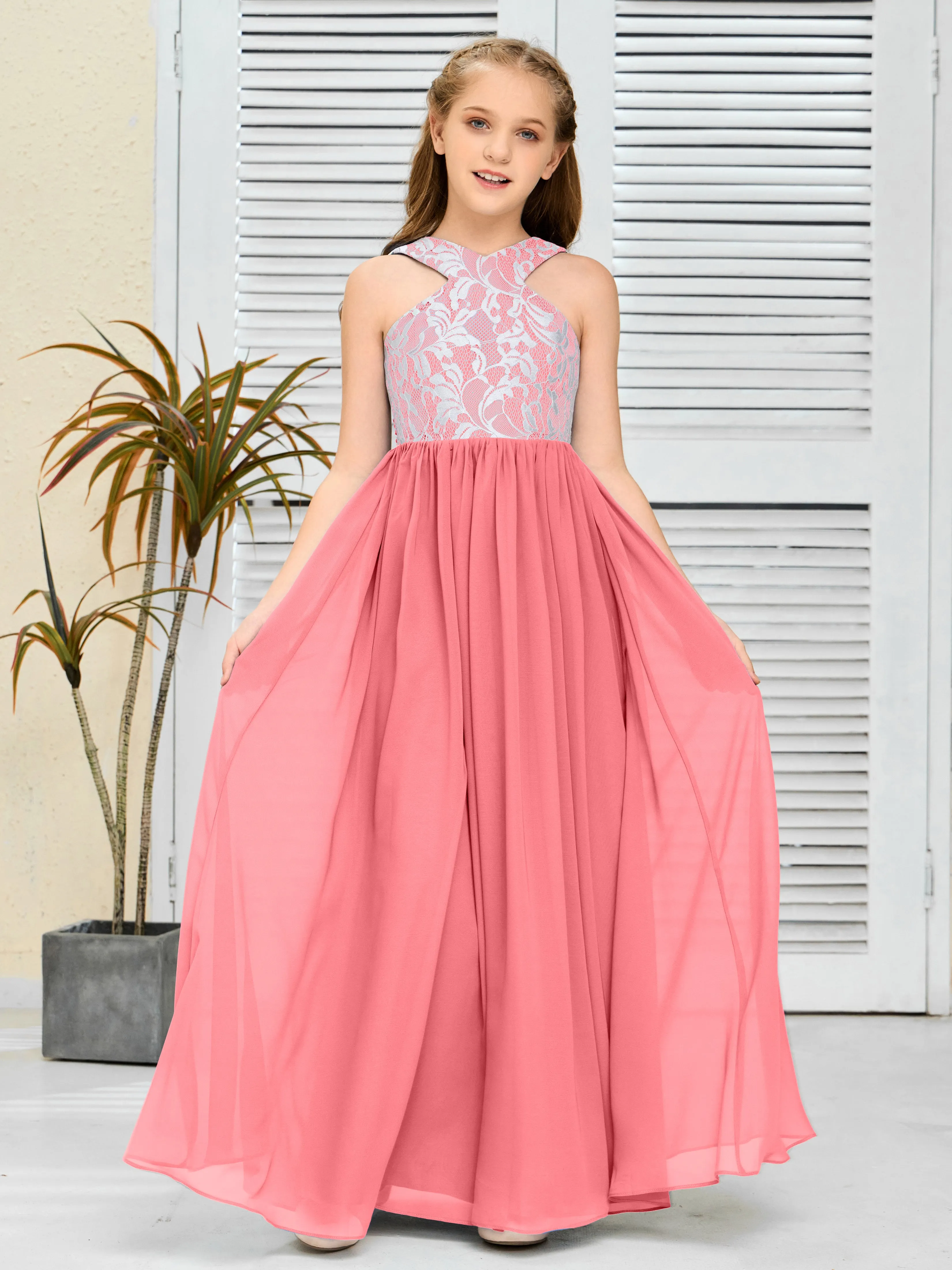 Lace Sleeveless Chiffon Junior Bridesmaid Dress With Belt