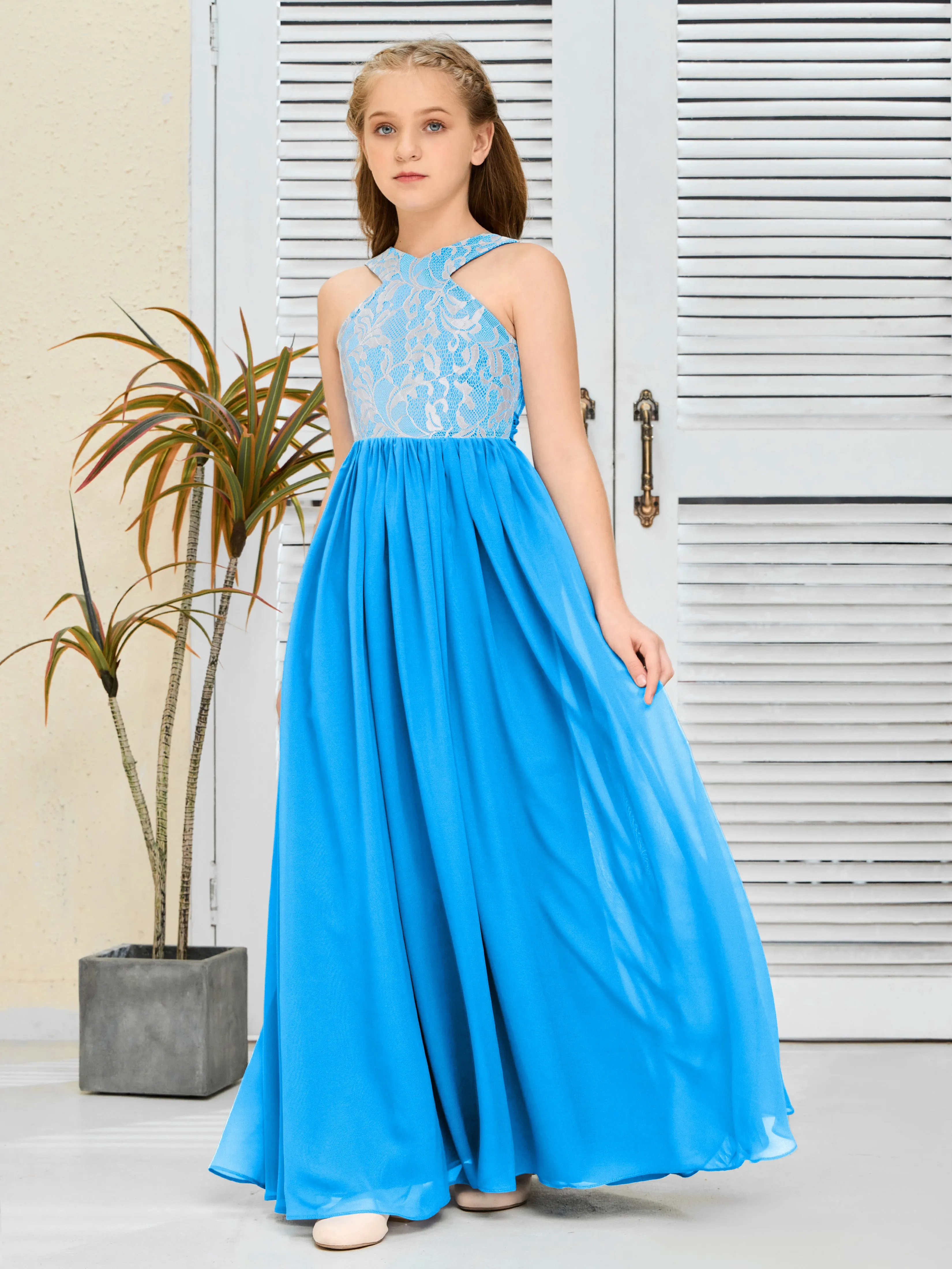 Lace Sleeveless Chiffon Junior Bridesmaid Dress With Belt