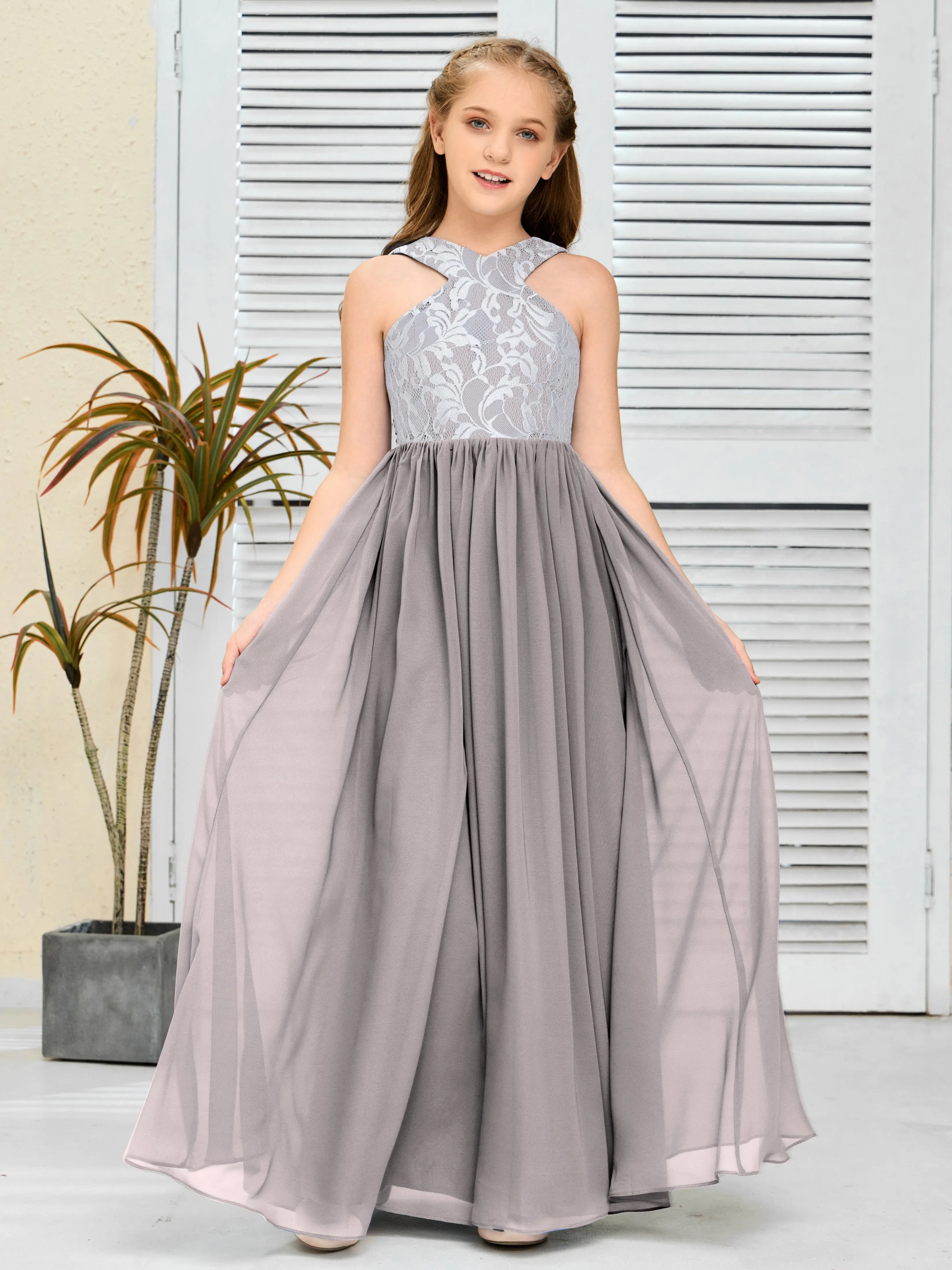 Lace Sleeveless Chiffon Junior Bridesmaid Dress With Belt