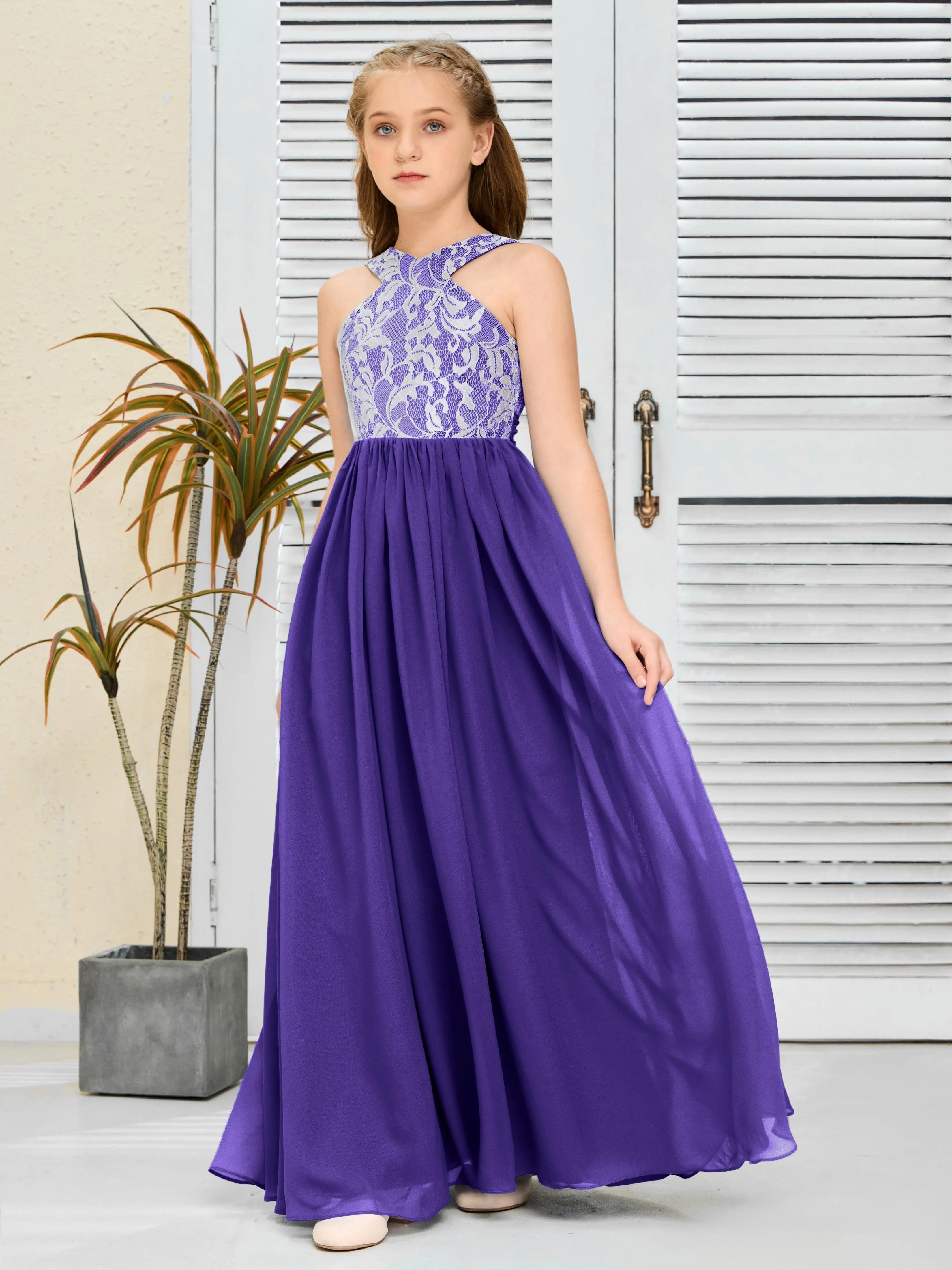 Lace Sleeveless Chiffon Junior Bridesmaid Dress With Belt