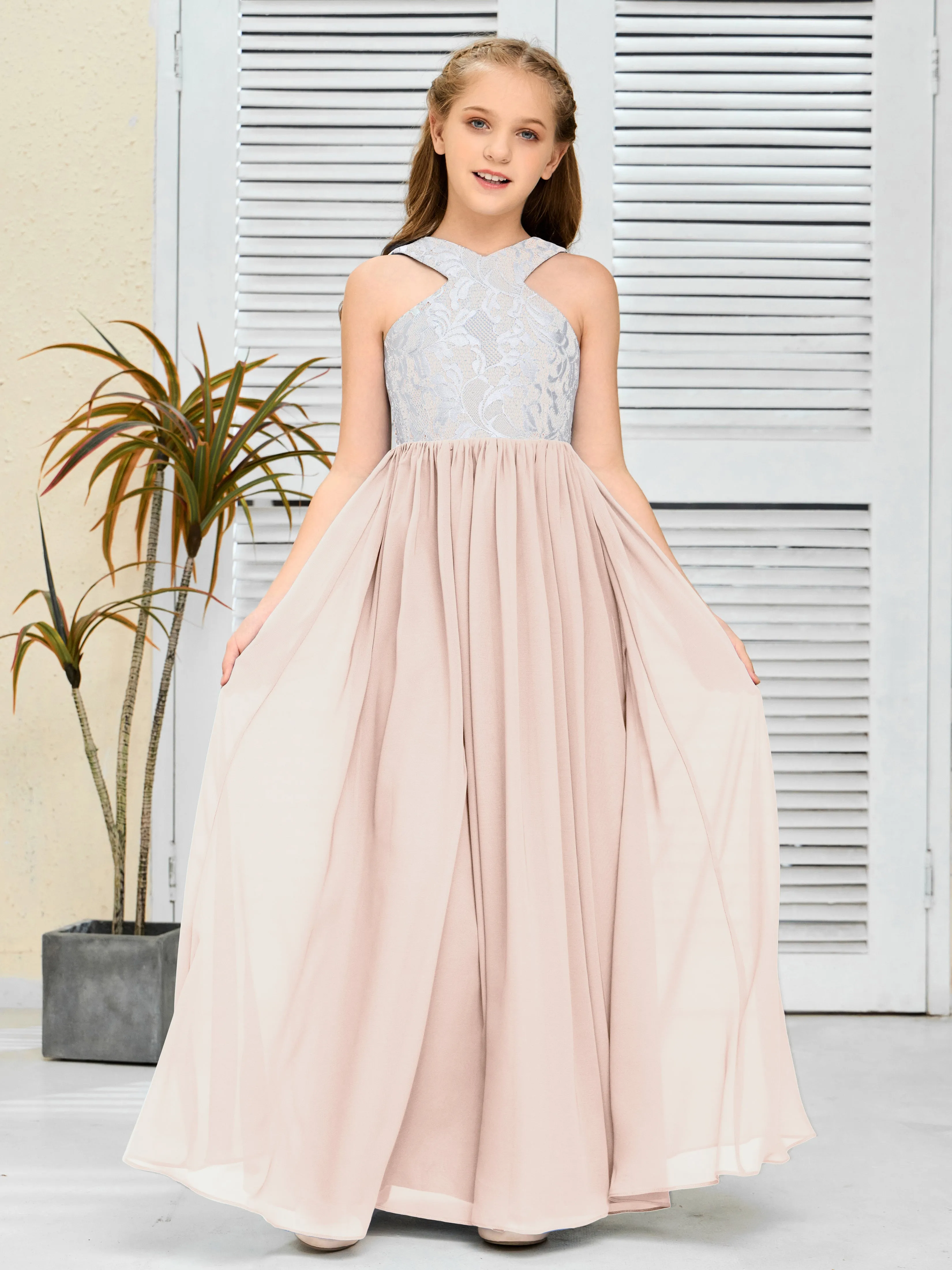 Lace Sleeveless Chiffon Junior Bridesmaid Dress With Belt