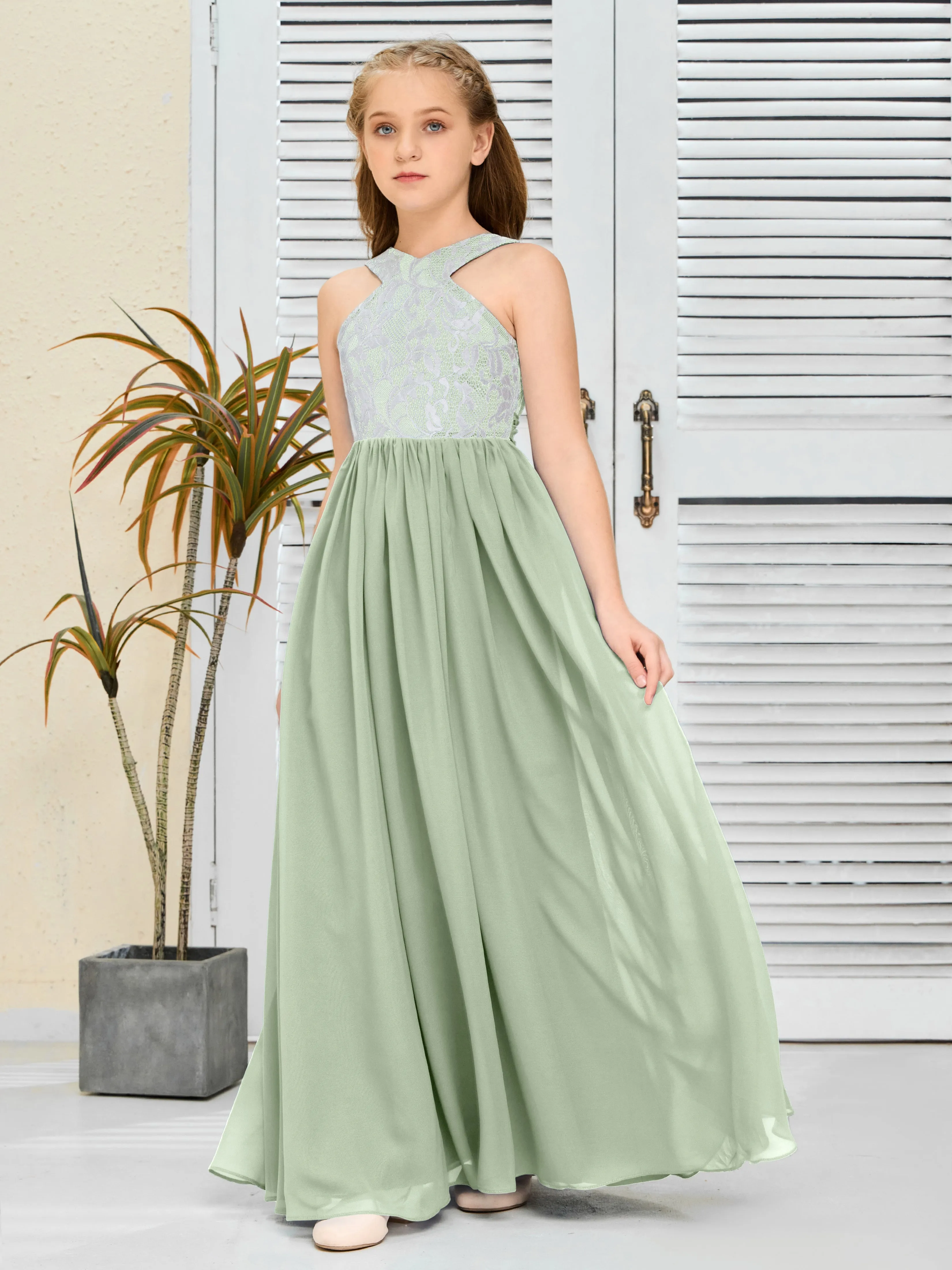 Lace Sleeveless Chiffon Junior Bridesmaid Dress With Belt