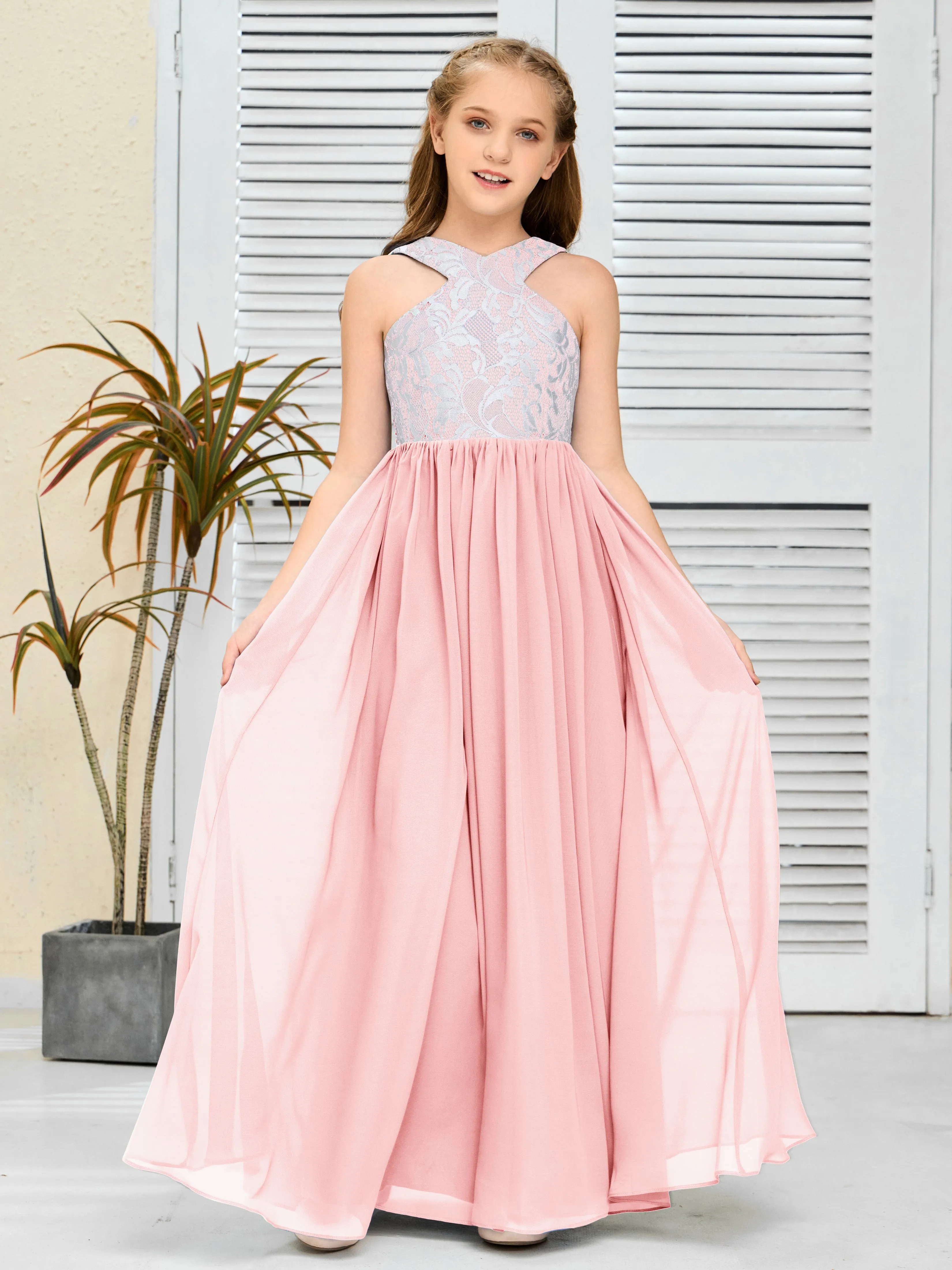 Lace Sleeveless Chiffon Junior Bridesmaid Dress With Belt