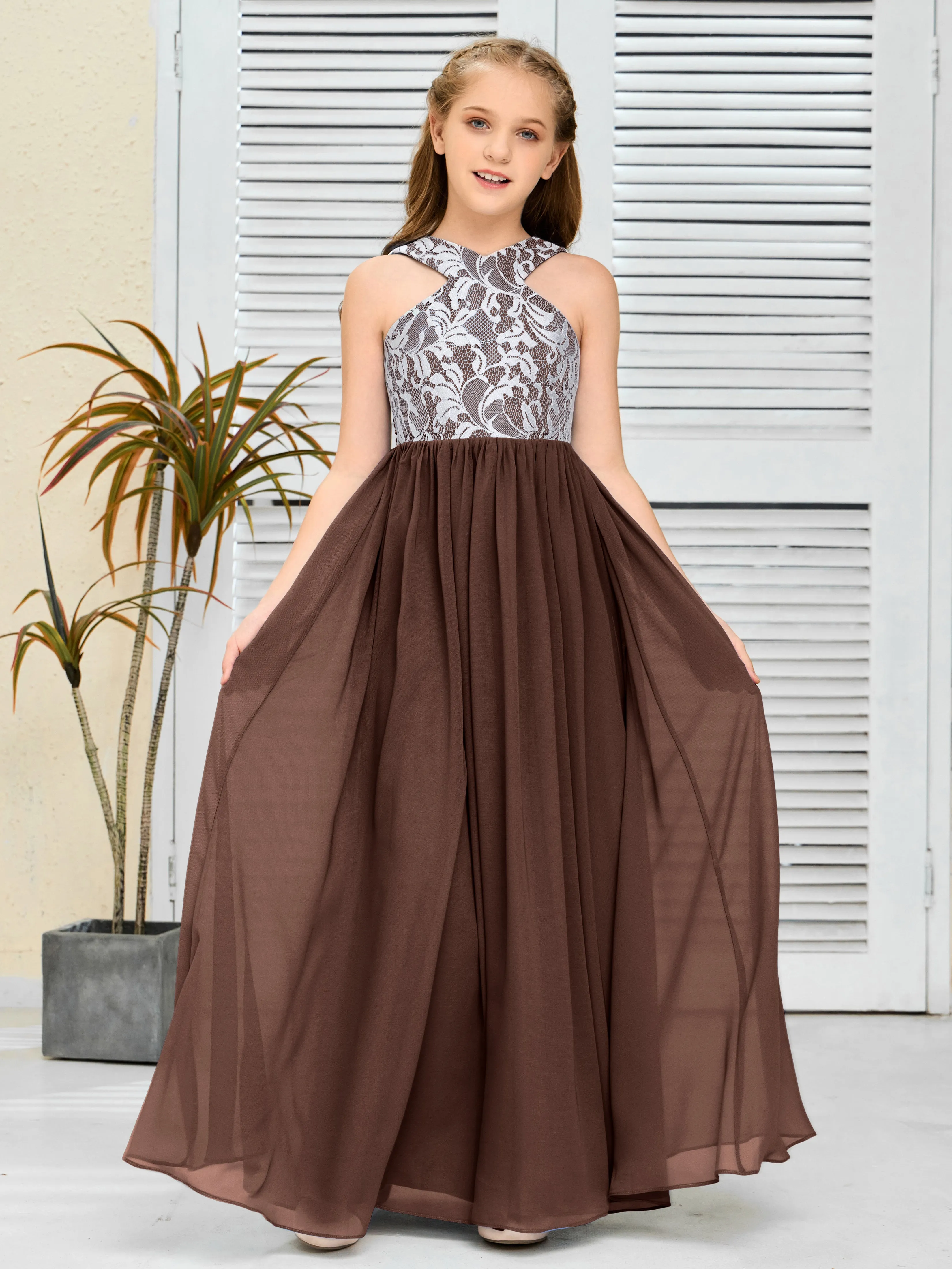 Lace Sleeveless Chiffon Junior Bridesmaid Dress With Belt