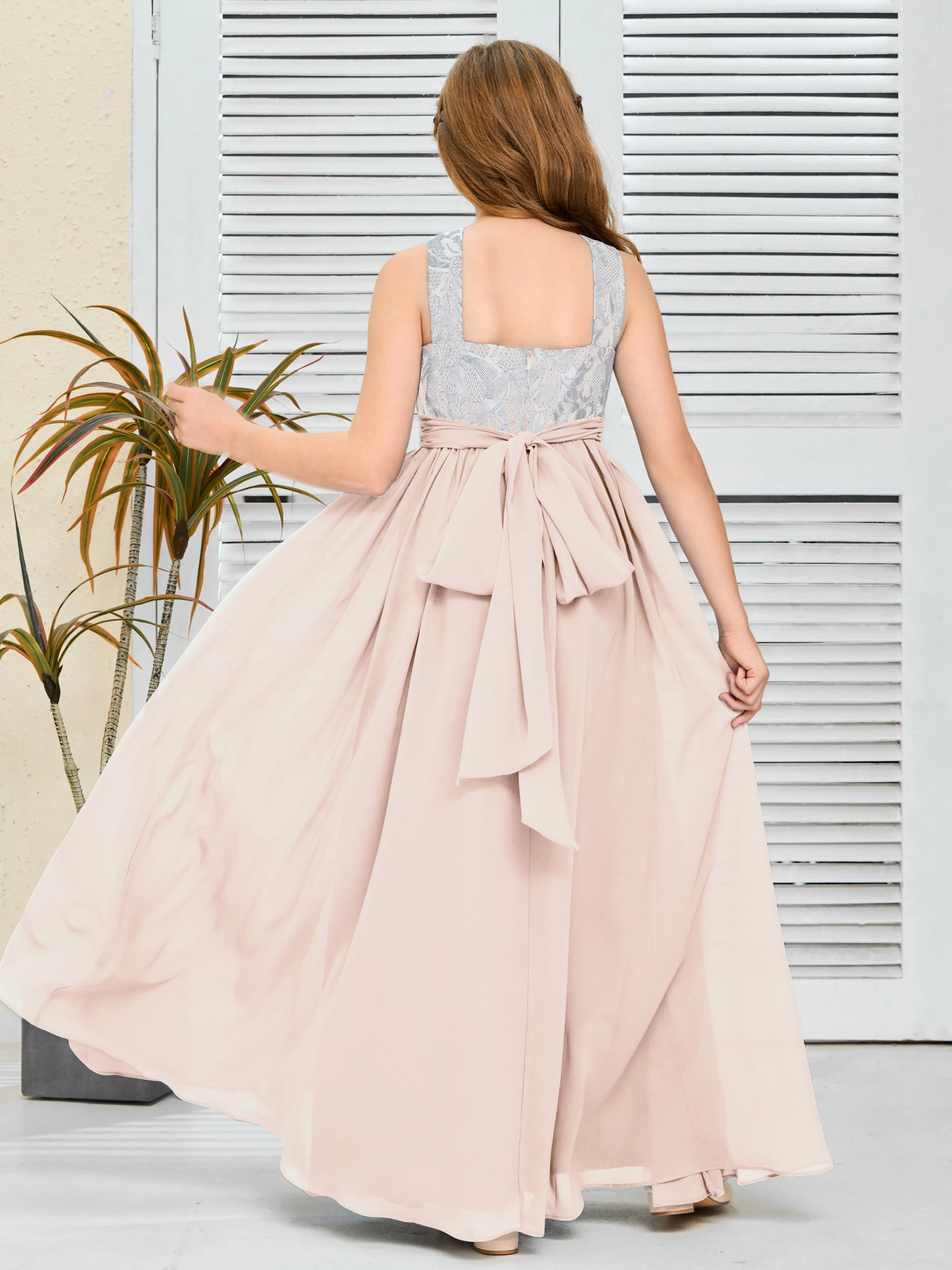 Lace Sleeveless Chiffon Junior Bridesmaid Dress With Belt