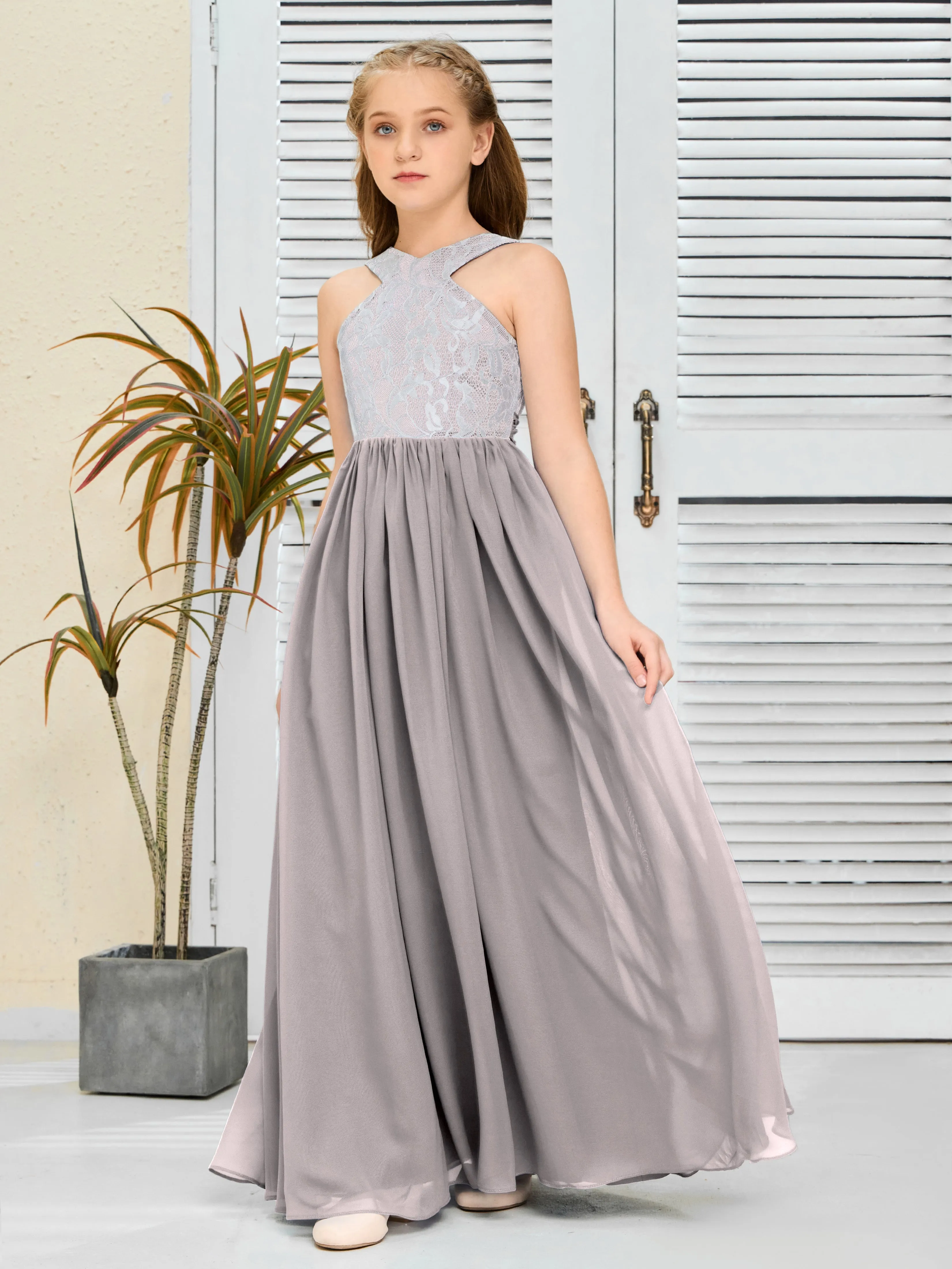 Lace Sleeveless Chiffon Junior Bridesmaid Dress With Belt