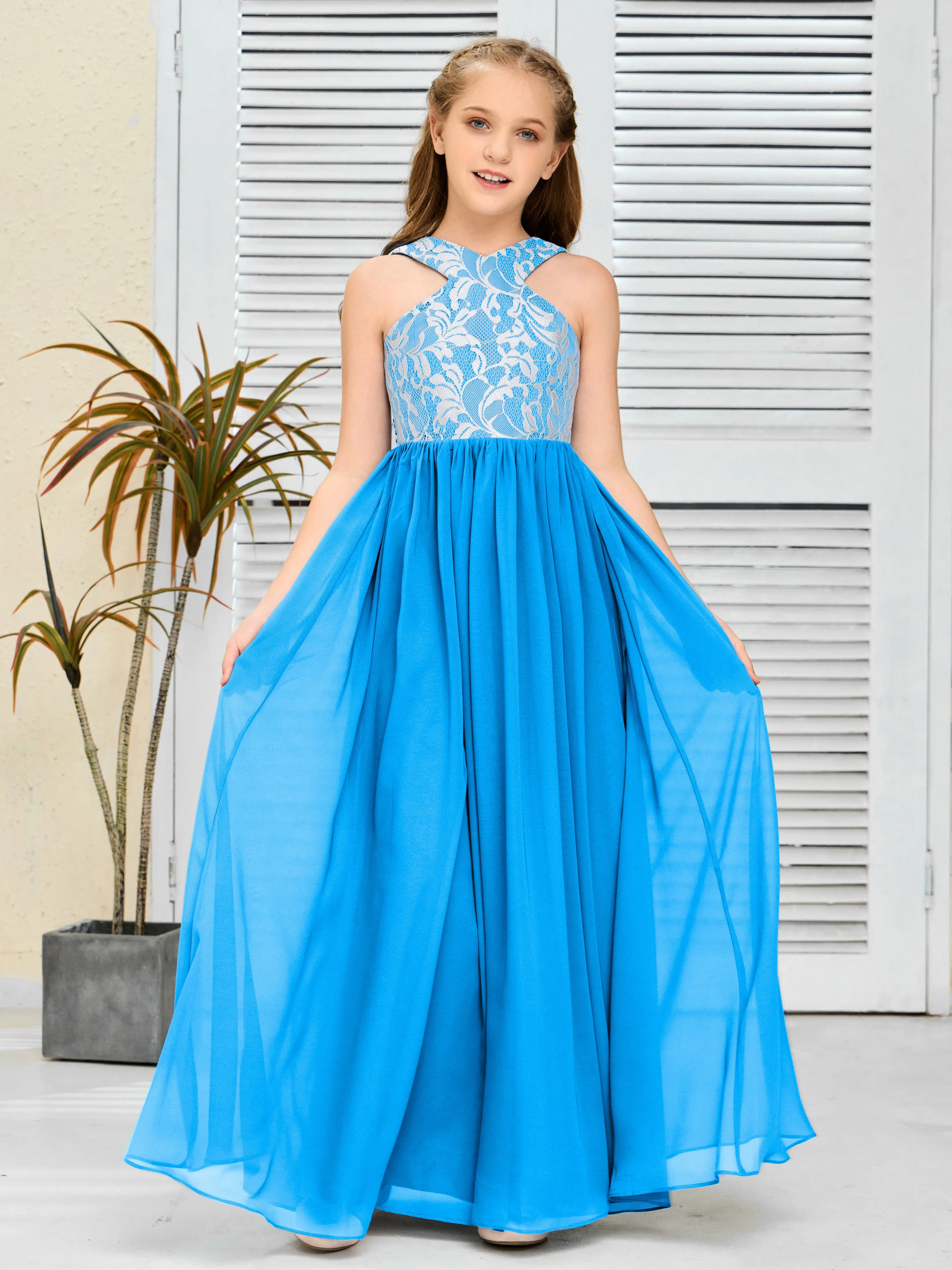 Lace Sleeveless Chiffon Junior Bridesmaid Dress With Belt